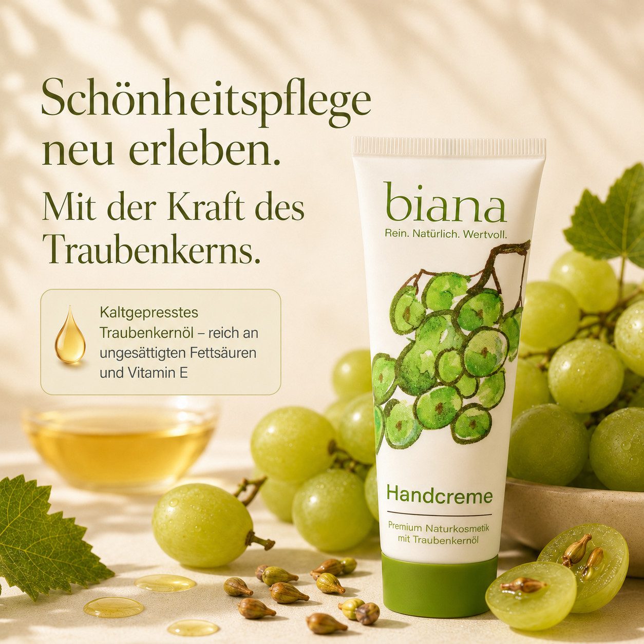 biana Handcreme – Premium Naturkosmetik mit Traubenkernöl OPC, in einer innovativen Holztuben Verpackung