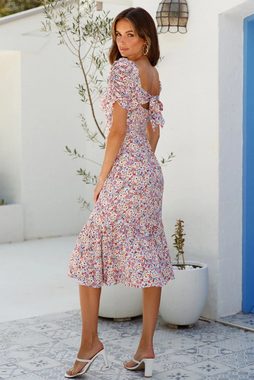 BlauWave Druckkleid Vintage Floral Print Midikleid kurzärmeliges Partykleid (1-tlg) mit offenem Rücken und Rüschen