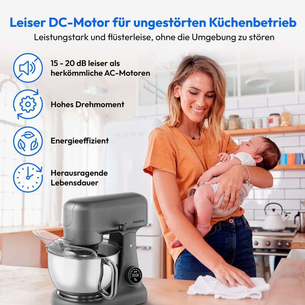 Medion® Küchenmaschine MD12600, Ultraleiser 800 W Gleichstrom-Motor, 800 W, 4,7 l Schüssel, Mit umfangreichem Zubehör-Set, Fleischwolf-Aufsatz, Gemüsereibe