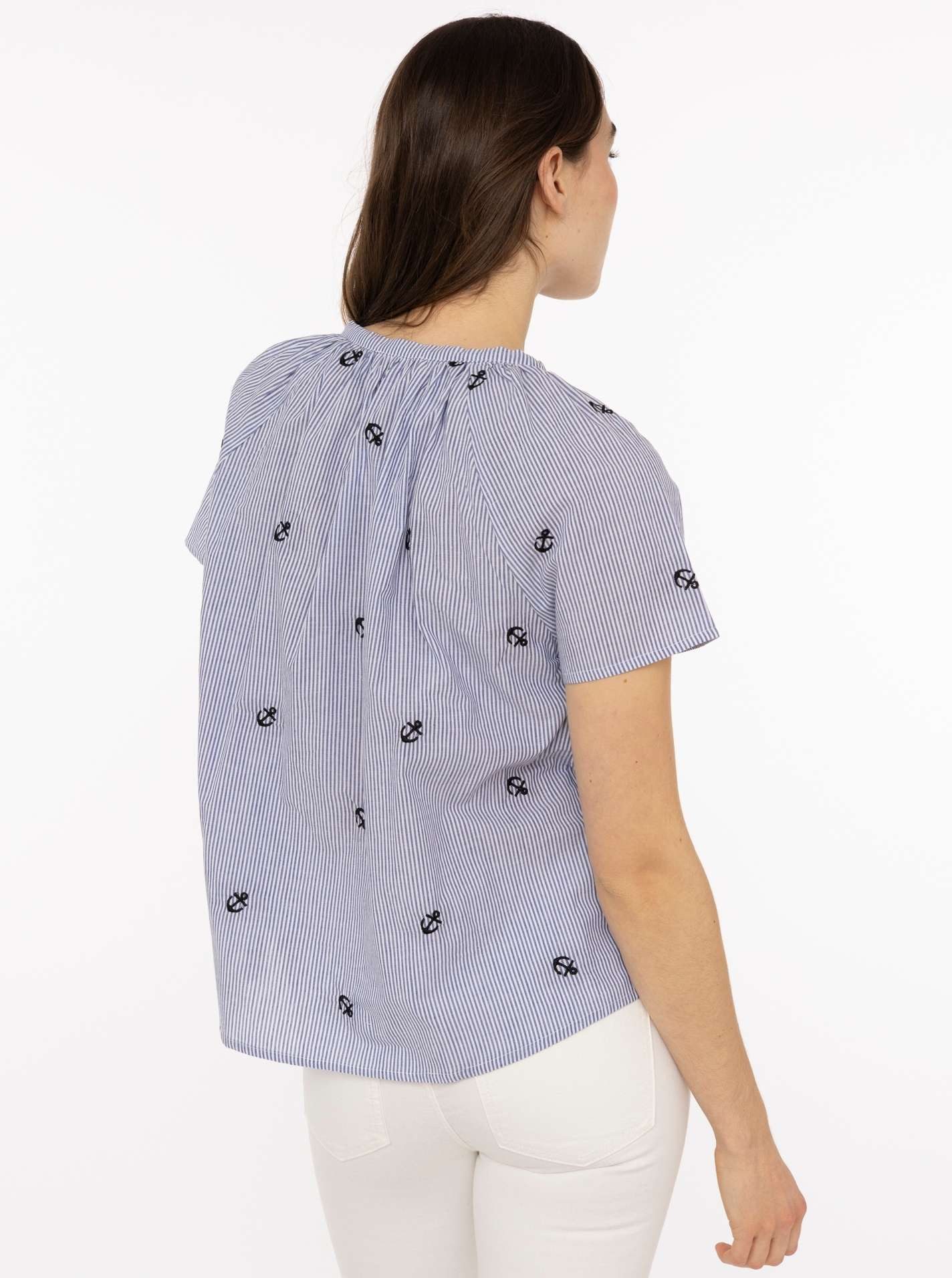 Zwillingsherz Kurzarmbluse "Stripe & Stitch" Kurzarm, mit Stickerei, Tunnelzug und Tasseln