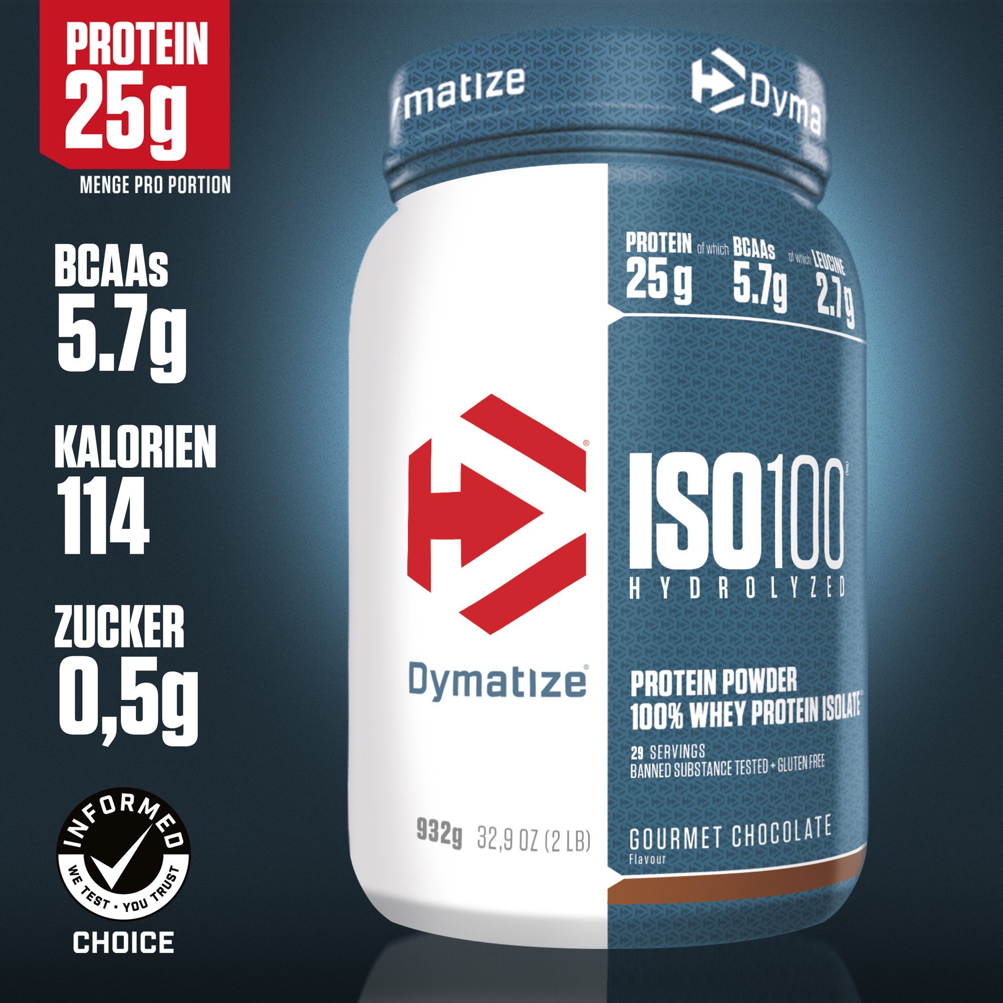 Dymatize Whey Protein Pulver Shake Eiweiß ISO 100 Gourmet Chocolate 932 g Pulver, 932 g