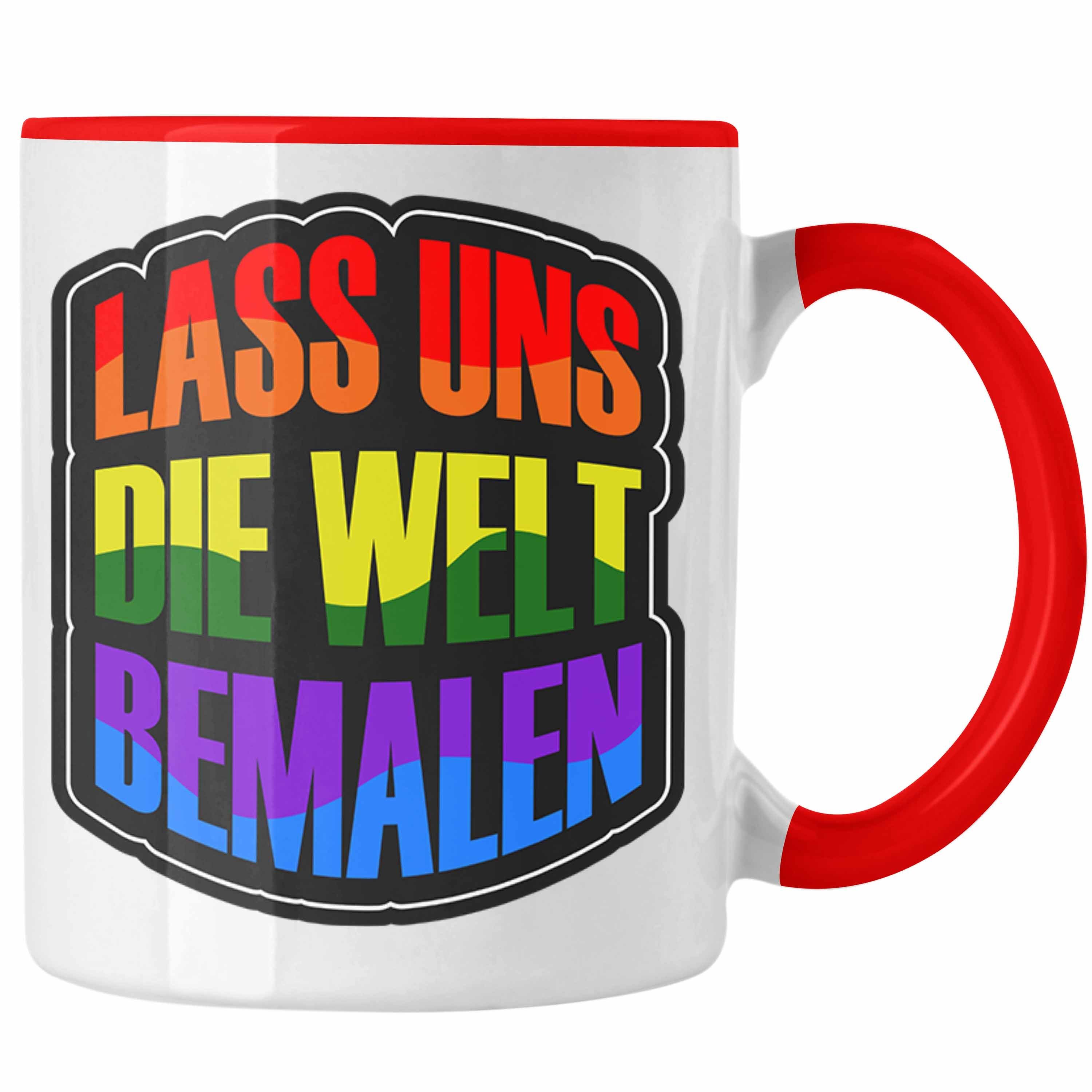 Trendation Tasse Geschenkidee LGBT Tasse "Lass uns die Welt Bemalen" Regenbogenfarben Rot