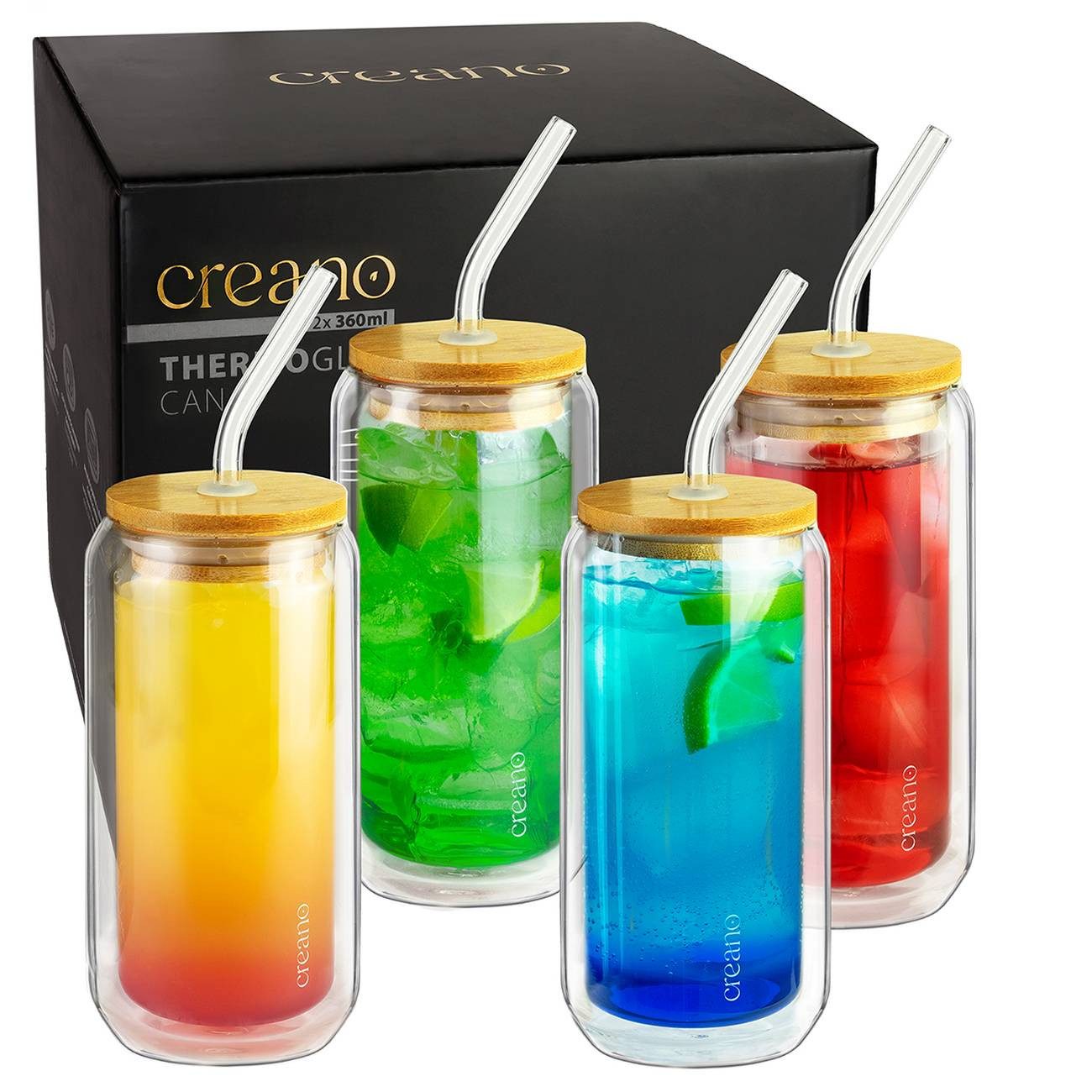 Creano Teeglas Creano doppelwandiges Trinkglas mit Deckel & Strohhalm 360ml 4er Set, 4-tlg., Borosilikatglas, 4 Smoothie Becher