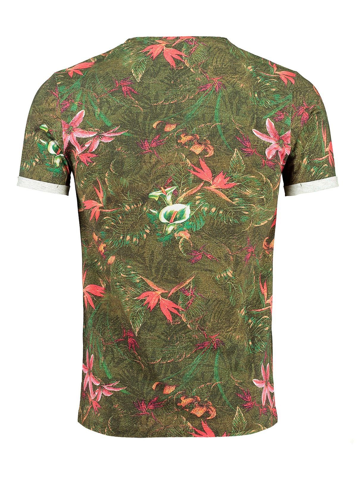 Olive Largo Print Hawaii Look fit allover MT00226 Jungles slim Rundhalsauschnitt T-Shirt Blumenmuster Key kurzarm