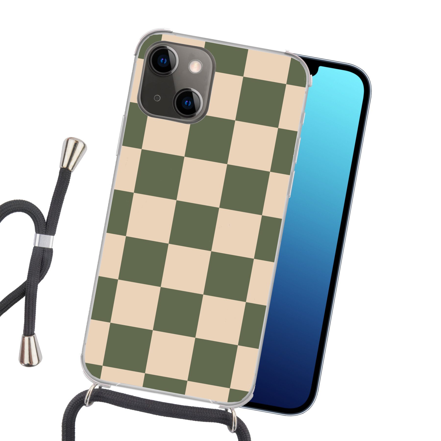 MuchoWow Handyhülle für Apple iPhone 13 Mini Schachbrettmuster - Grün - Beige - Blöcke, Tragbare Handyhüllen mit Kette zum umhängen, Handykette Handyband