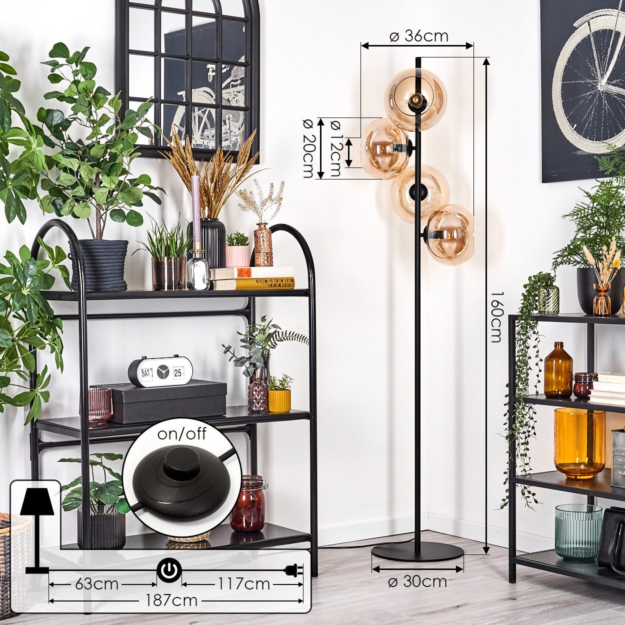 hofstein Stehlampe Stehlampe aus Metall/Glas in Schwarz/Bernsteinfarben mit Fußschalter, ohne Leuchtmittel, Stehleuchte im Retro/Vintage-Design mit Glasschirmen (20 cm), E14