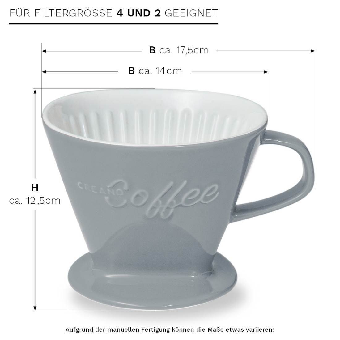 Creano Manuell Kaffeefilter Filtertü, für Porzellan Press French Creano Filter 4 Größe Kanne 4 (Steingrau),