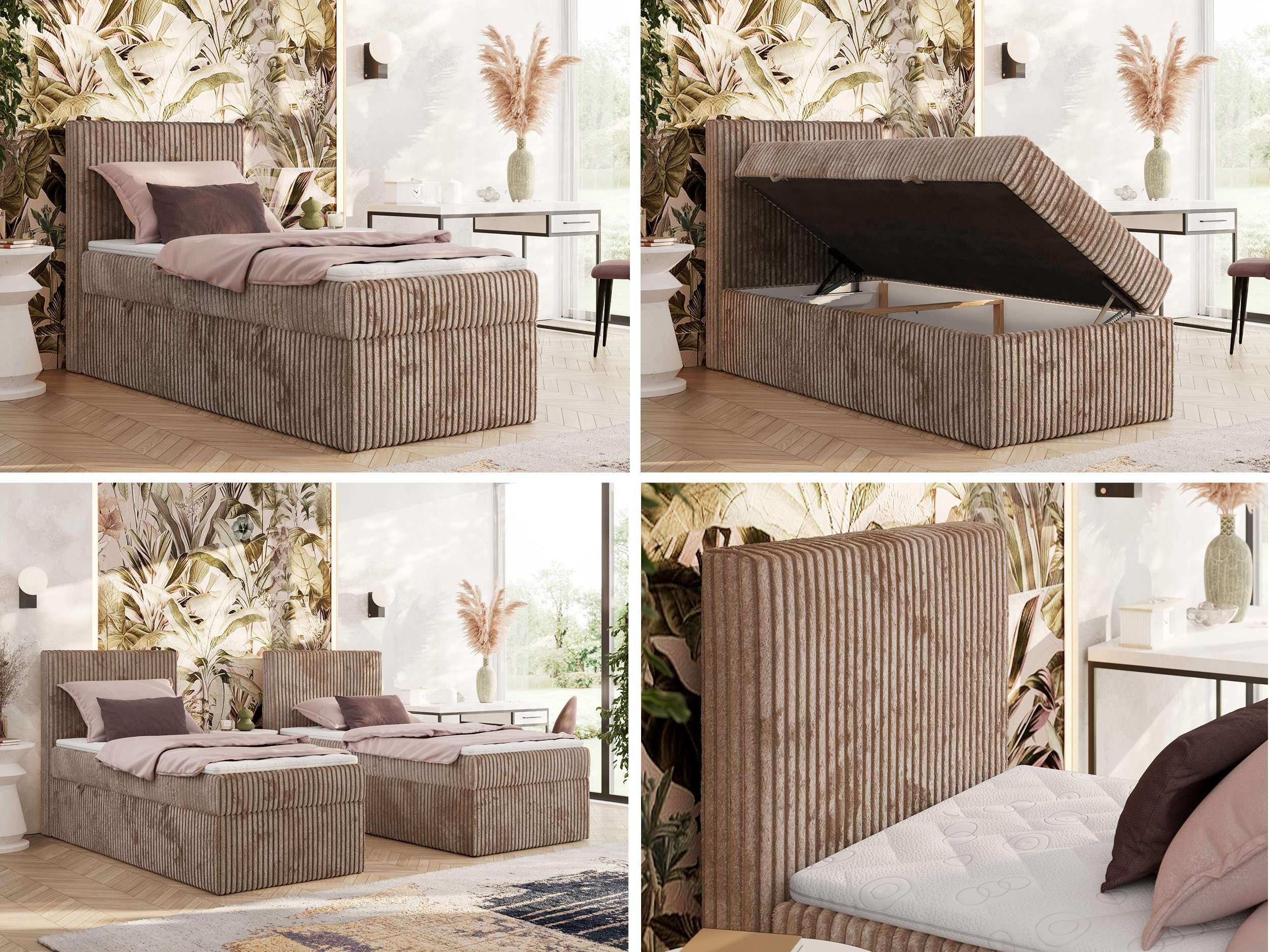 MKS MÖBEL Boxspringbett TILIANO 90 (Set, Topper T25 oder Visco, T30 Schaum, 7 Härtezonen), Einzelbett 90x200, Stauraum, Multipocket-Matratze, Kopfteil