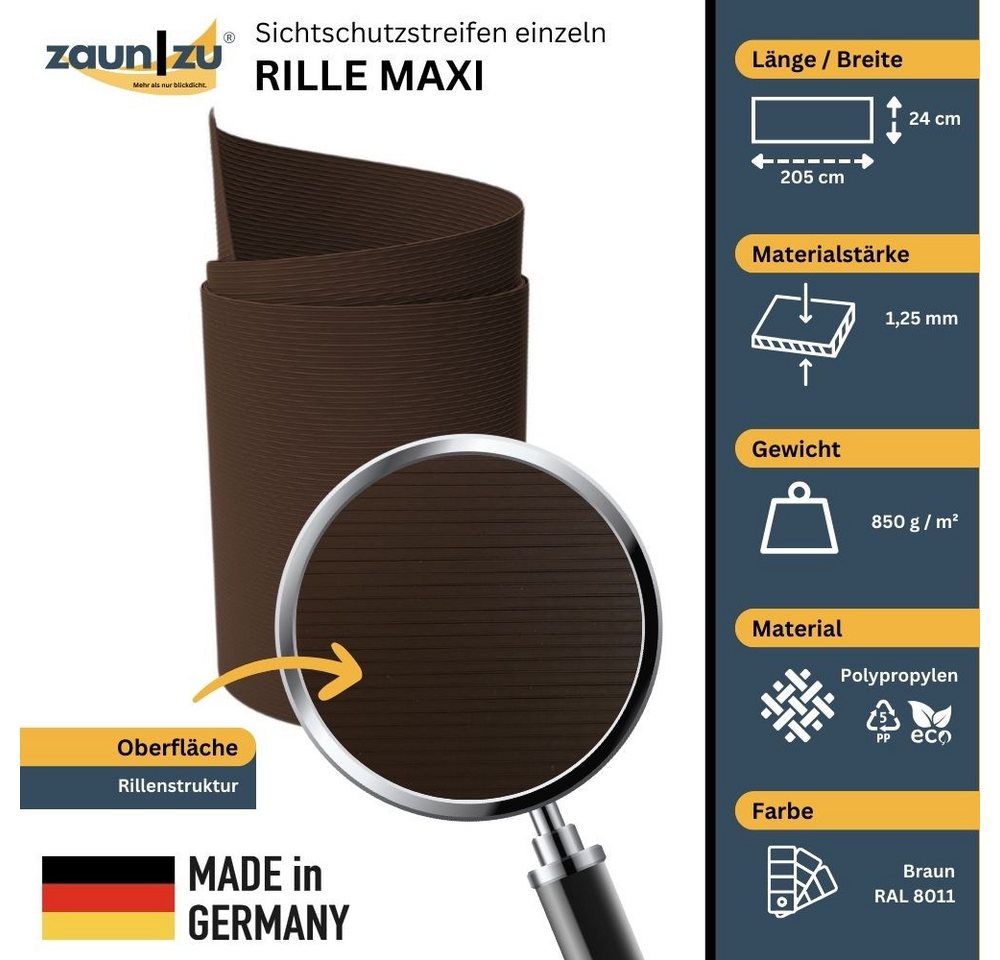 Thumbnail - zaunzu Sichtschutzstreifen Rille Maxi Einzelstreifen Sichtschutz 24cm hoch Braun 2,05m, (1x Einzelstreifen, 24cm hoch), ...