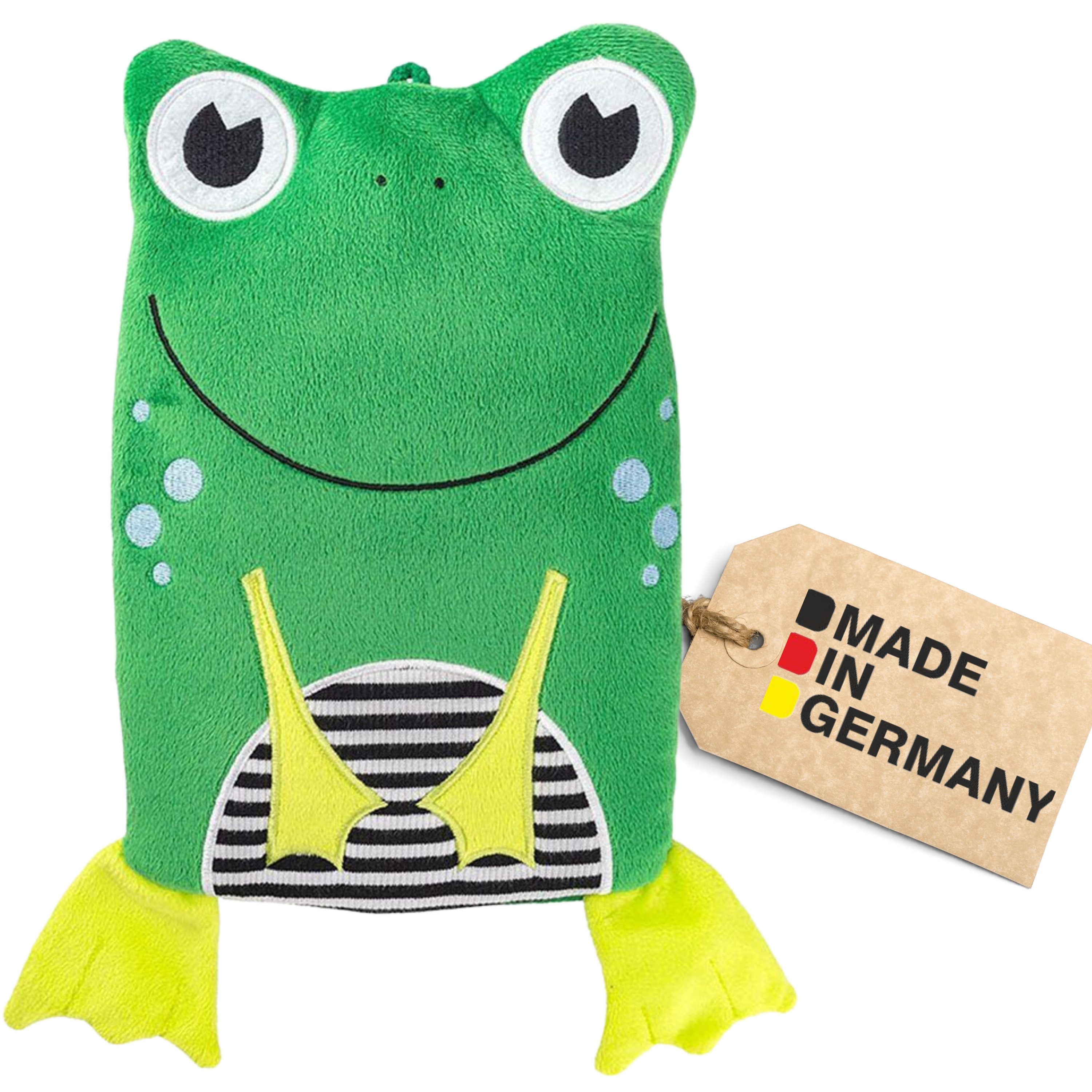 Hugo Frosch Wärmflasche - Kinder Öko-Wärmflasche 0,8 l mit Veloursbezug "Frosch" grün, Made in Germany