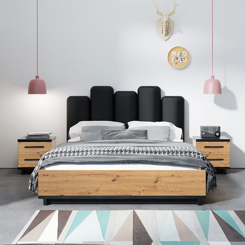 Lomadox Schlafzimmer-Set ISOLA-132, (Spar-Set, 3-tlg., Bettgestell Nachttische), in Eiche und Schwarz, Liegefläche 160x200 cm