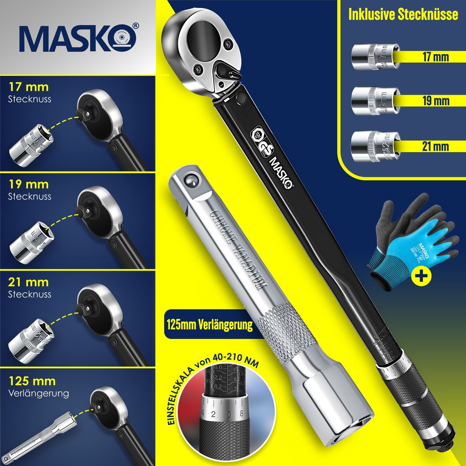 MASKO Drehmomentschlüssel Set 6tlg. Set 40-210Nm 1/2' CV, inkl. 3 Stecknüsse, 17mm, 19mm, 21mm & Verlängerung 125mm, inkl. Handschuhe und Koffer