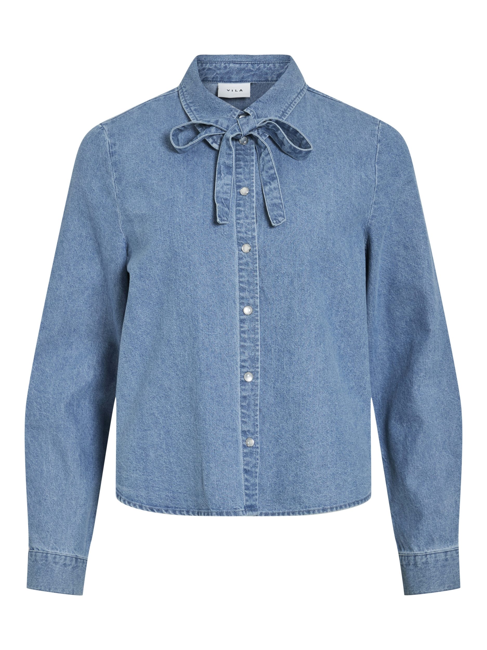 Vila Langarmbluse VICONGA L/S BOW DENIM SHIRT Light Blue Denim