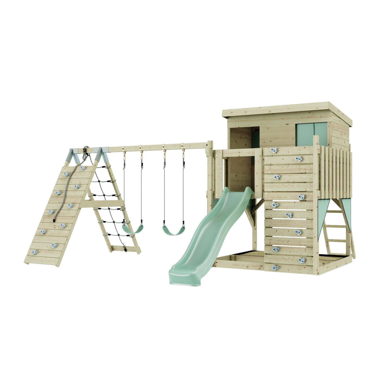 OutdoorToys Spielturm Aksel, aus Holz in Mintgrün mit Kinderschaukel & Rutsche, Kletterwand