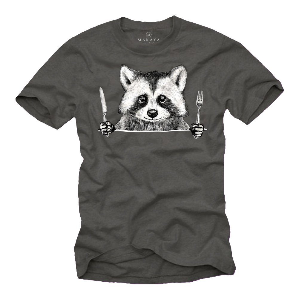 MAKAYA Print-Shirt Coole Tiermotive Waschbär Raccoon Essen Lustige Tiere Aufdruck Motiv Dunkelgrau | T-Shirts