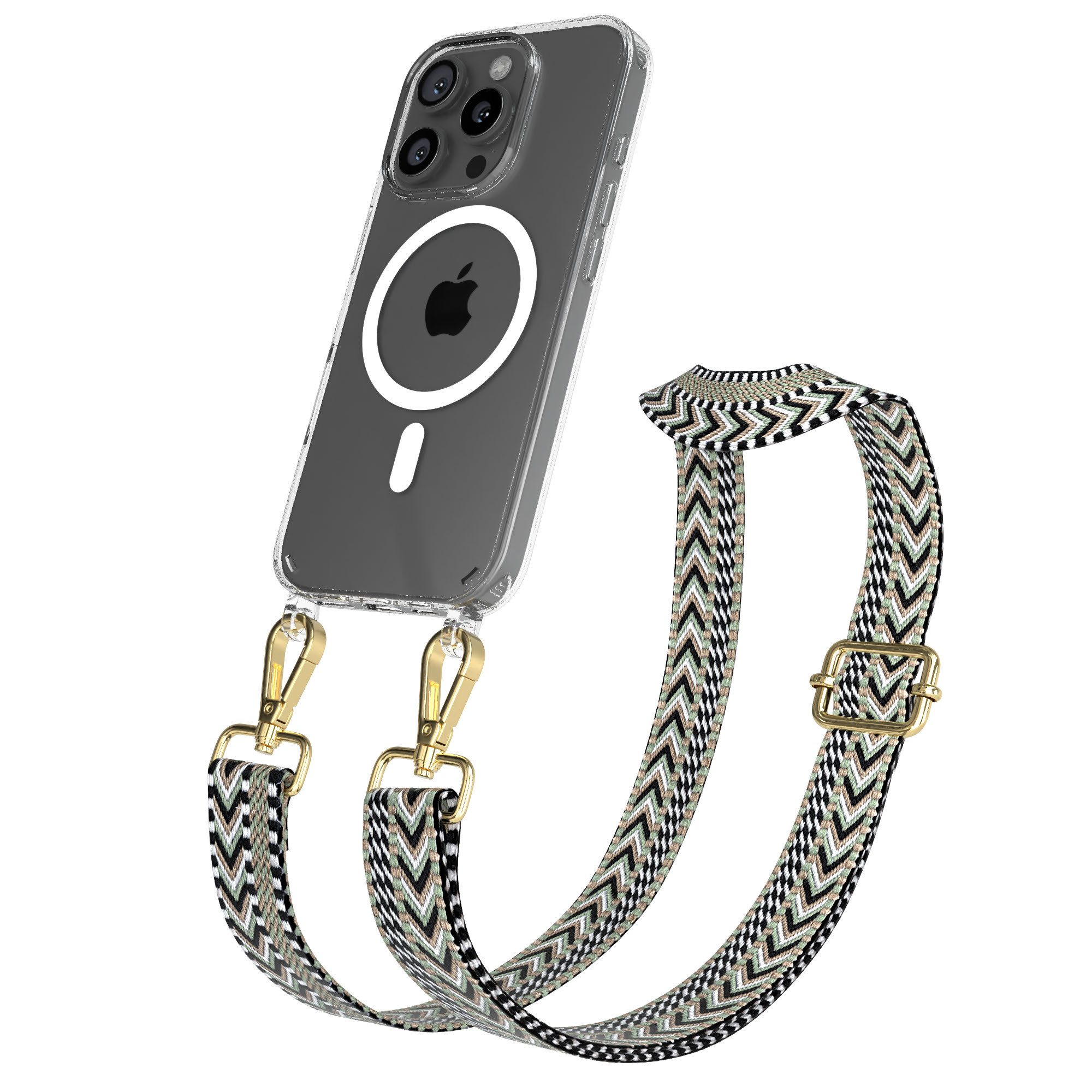 EAZY CASE Handykette Umhängeband MagSafe Hülle für Apple iPhone 16 Pro 6,3 Zoll, Verstellbarer DIY Trageriemen Case transparent Qi Gürteltasche Grün