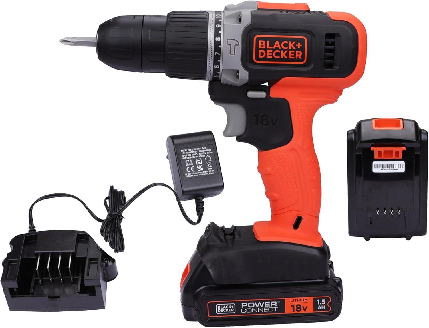 Black + Decker Akku-Schrauber Akku Schlagbohrschrauber Akkuschrauber 18V - 1,5Ah 2-Gang, (1-tlg)