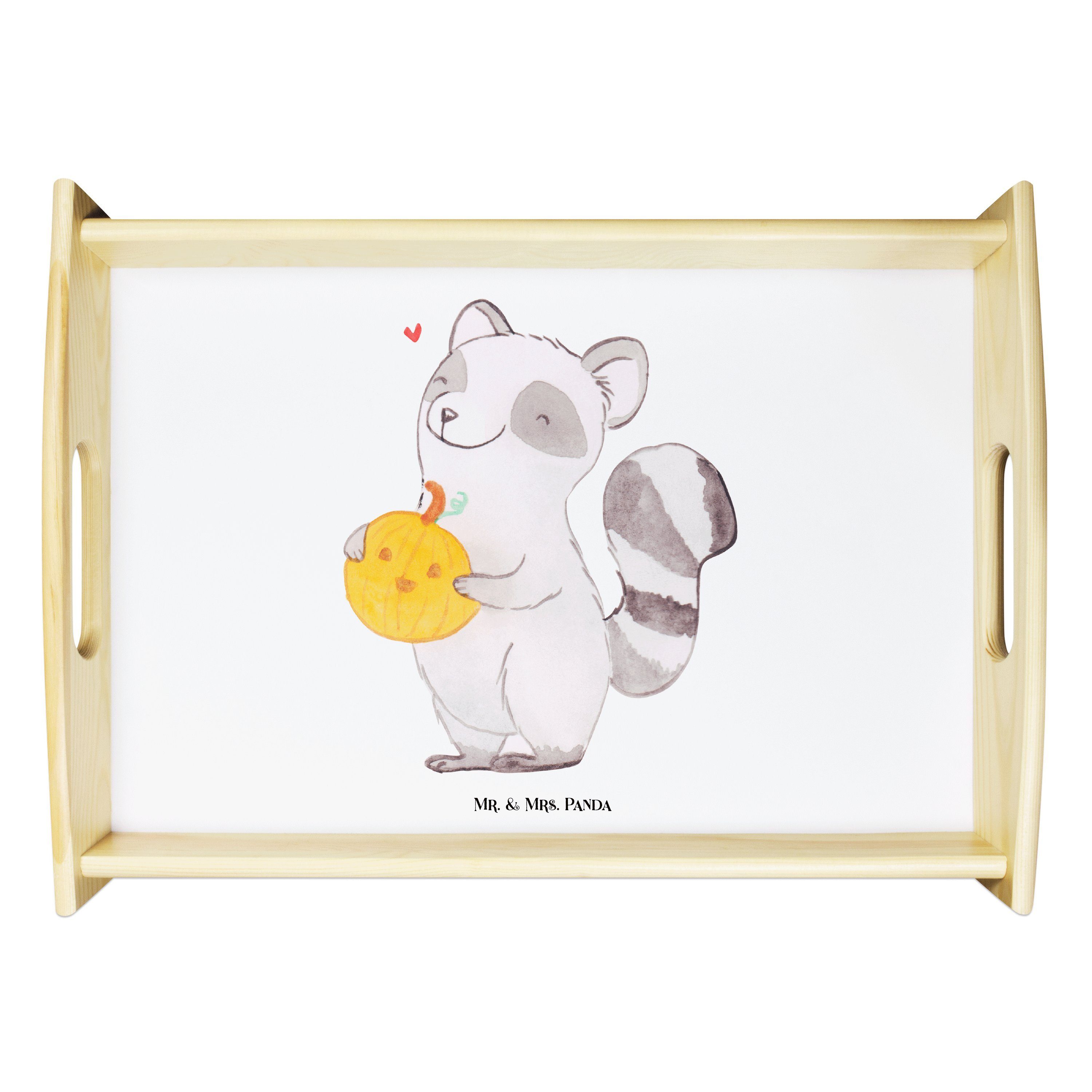 Mr. & Mrs. Panda Tablett Waschbär Kürbis - Weiß - Geschenk, Geschenke, Halloween, Frühstücksta, Echtholz lasiert, (1-tlg)