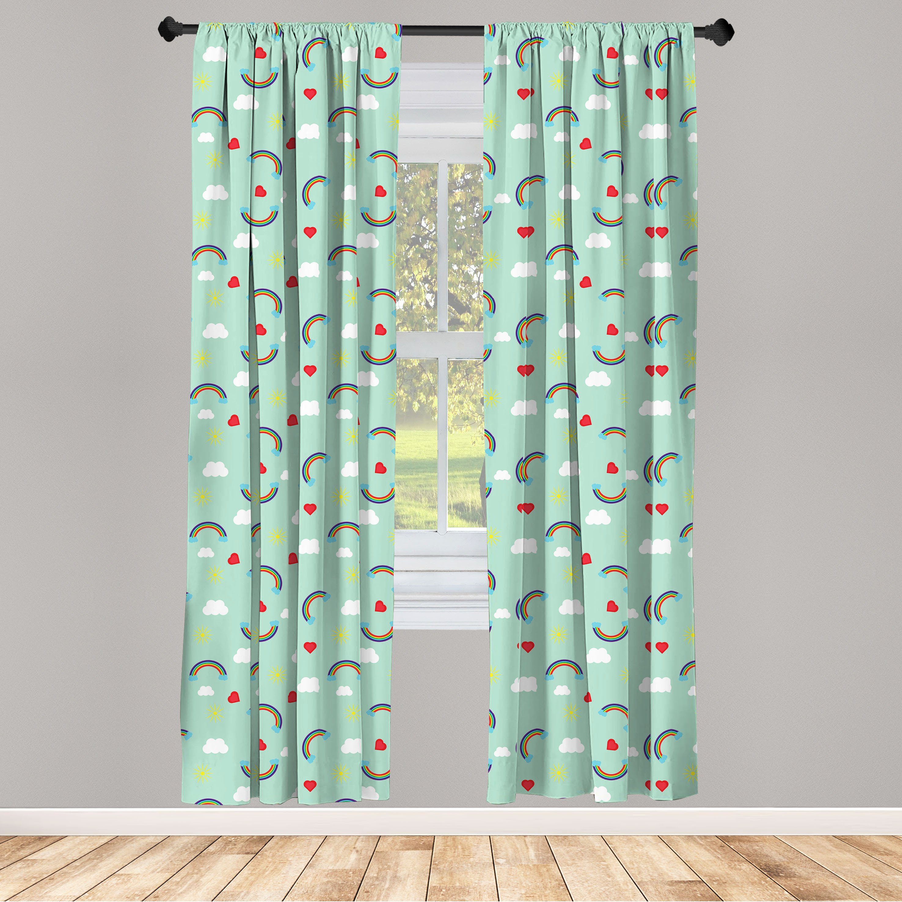 Gardine Vorhang für Wohnzimmer Schlafzimmer Dekor, Abakuhaus, Microfaser, Kinder Regenbogen-Himmel-Wolken-Herz