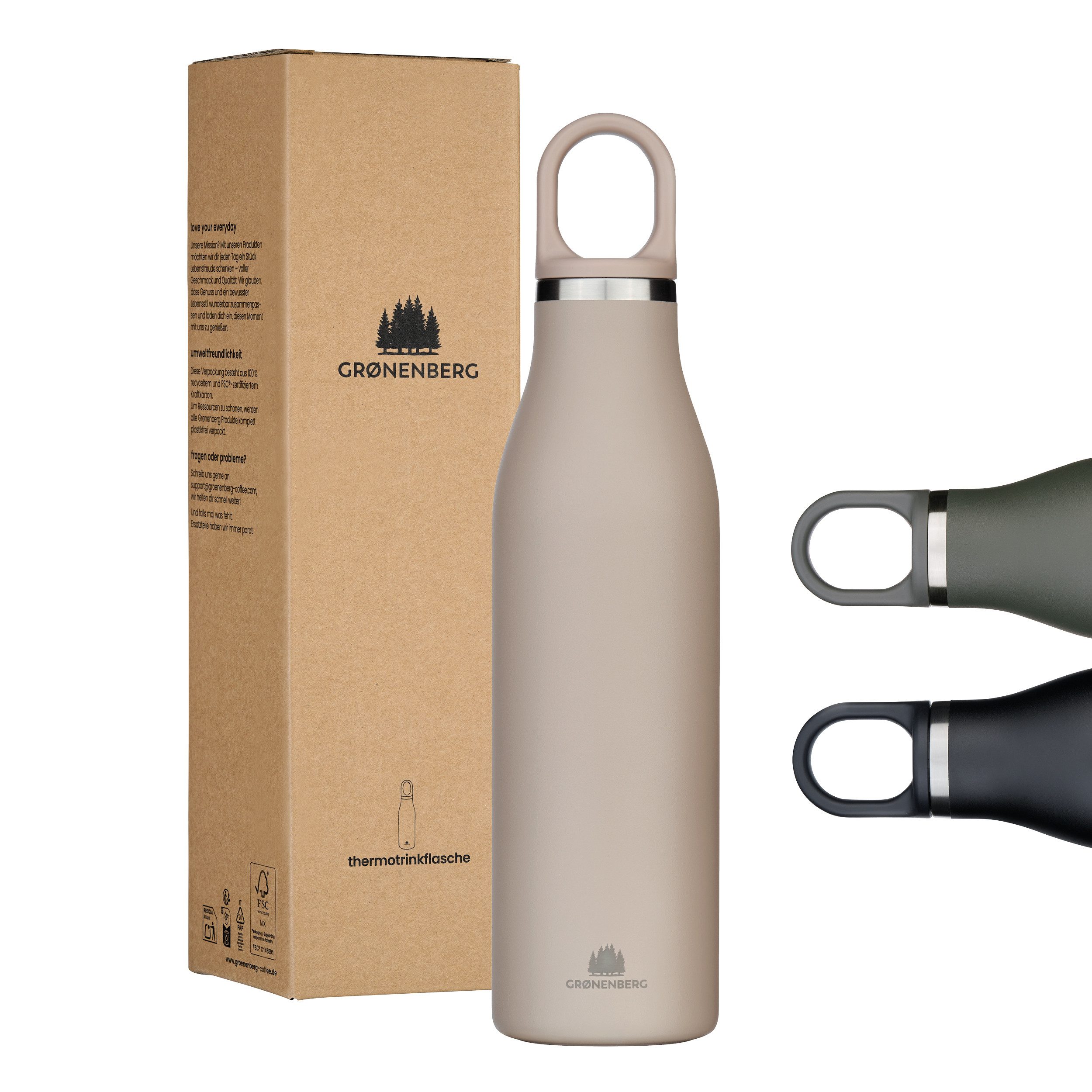 GRØNENBERG Trinkflasche Thermosflasche 100% auslaufsicher, 500 o. 750ml, Edelstahl Isolierflasche Kohlensäure geeignet