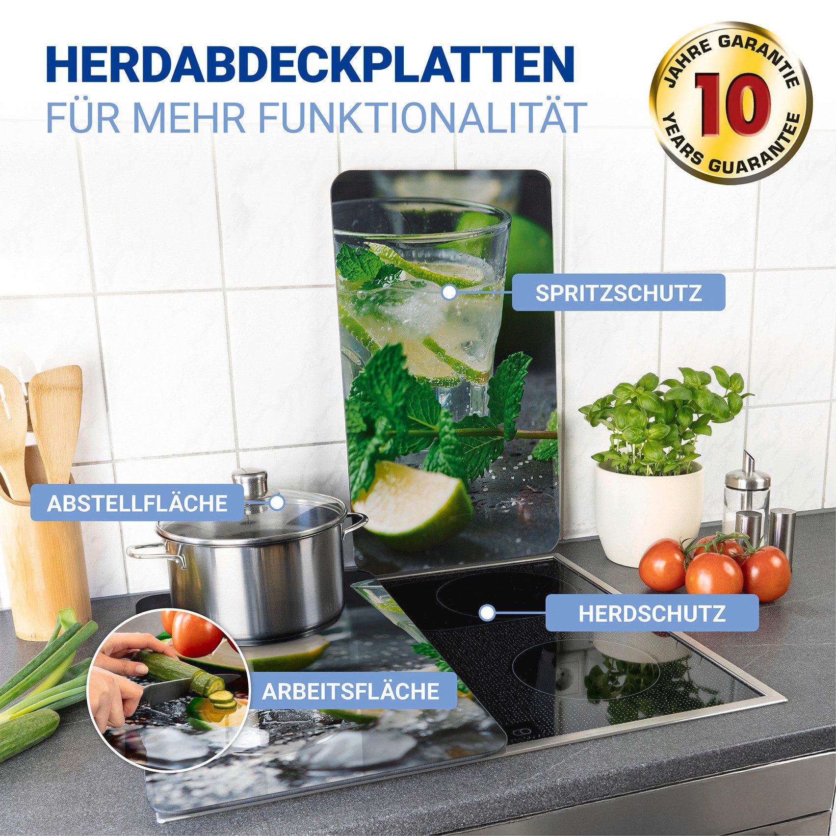 WENKO Herd-Abdeckplatte Universal Modell Mojito, Glas, (Set, 2 tlg), Herdabdeckung für alle Herdarten, kratzfest, mit rutschfesten Füßen