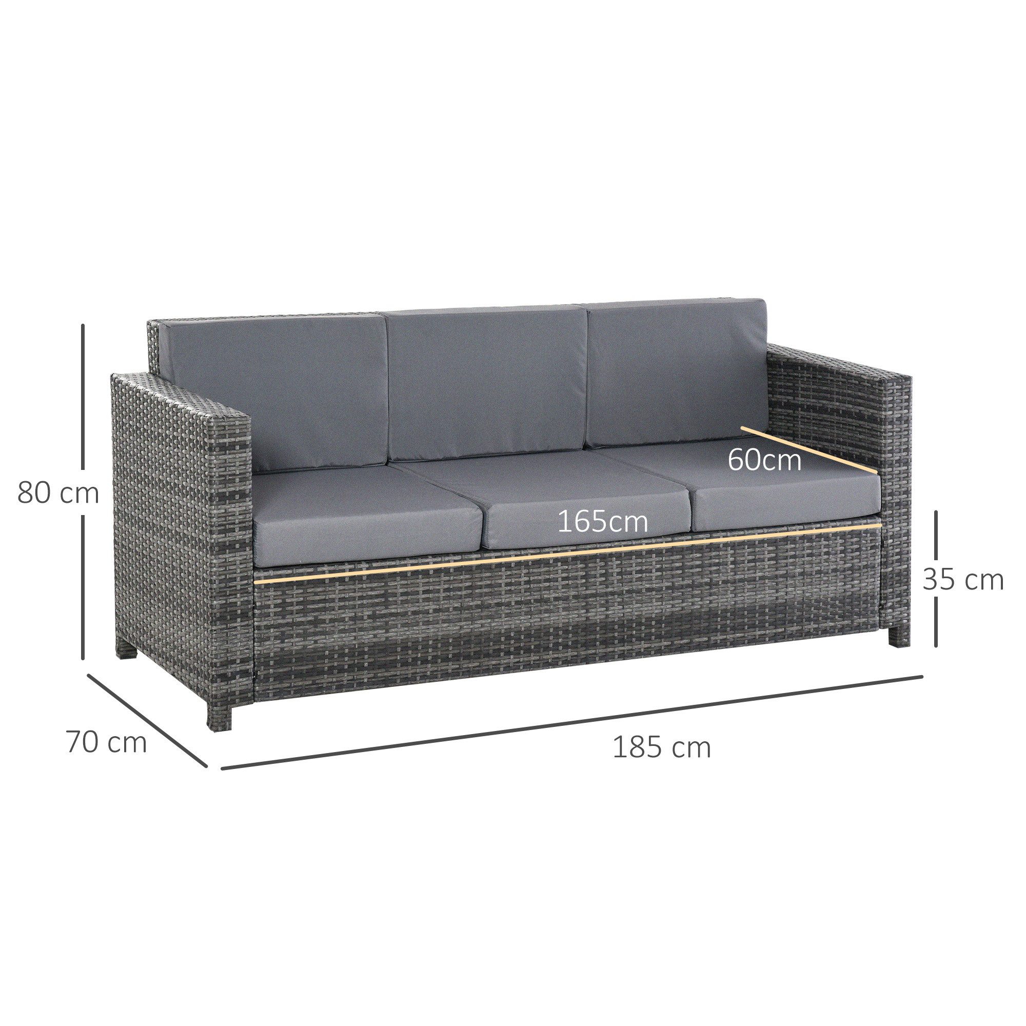 Outsunny Loungesofa Poly-Rattan Sofa mit Kissen 3-Sitzer Garten Metall Polyester