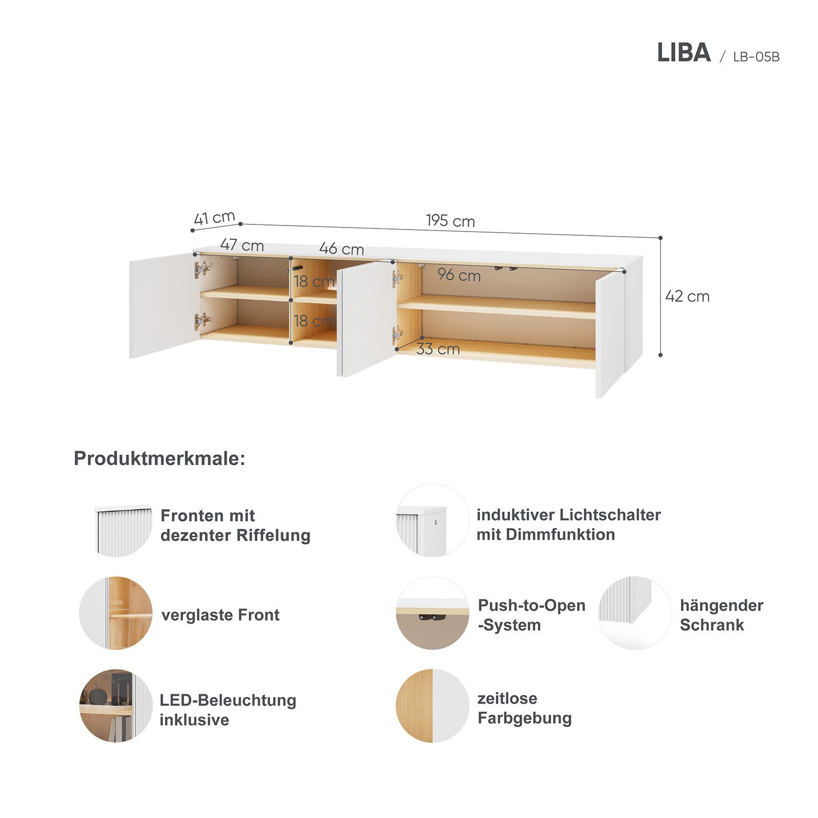 HAUSELEMENT TV-Schrank LIBA LB-05B mit LED-Beleuchtung 4 Türen Lowboard 195 cm Fernsehschrank Modern