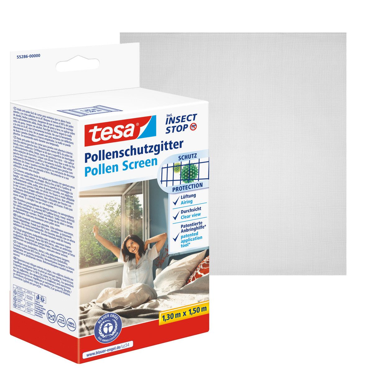 tesa Insektenschutz-Fensterrahmen Pollenschutzgitter für Fenster, (Packung, 1-St., Fliegennetz, Klettband), Pollenschutzgitter - ohne Bohren- zuschneidbar -anthrazit