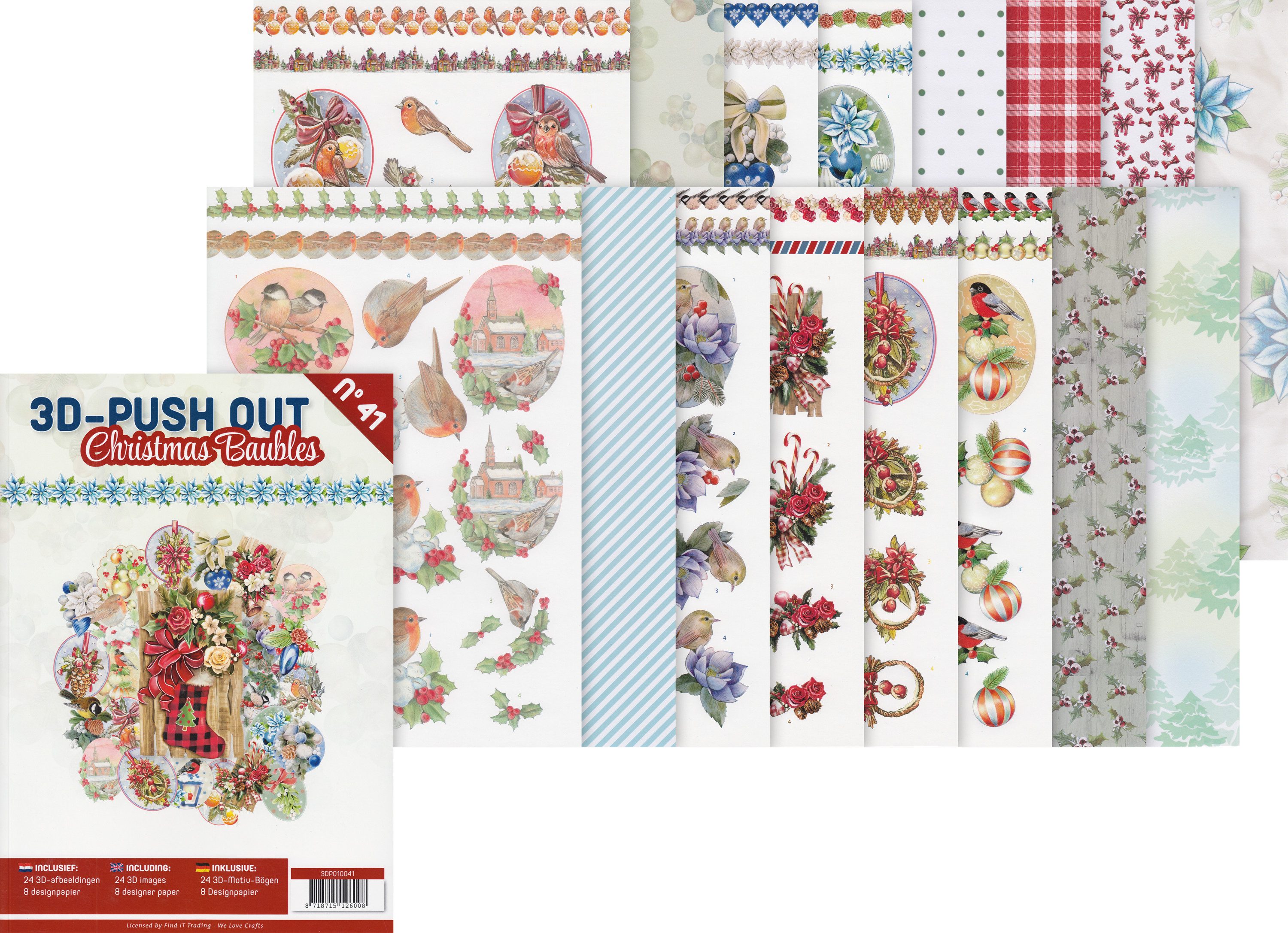 FINDit Motivpapier 3D-Stanzbogenbuch Christmas Baubles, 16 Blatt