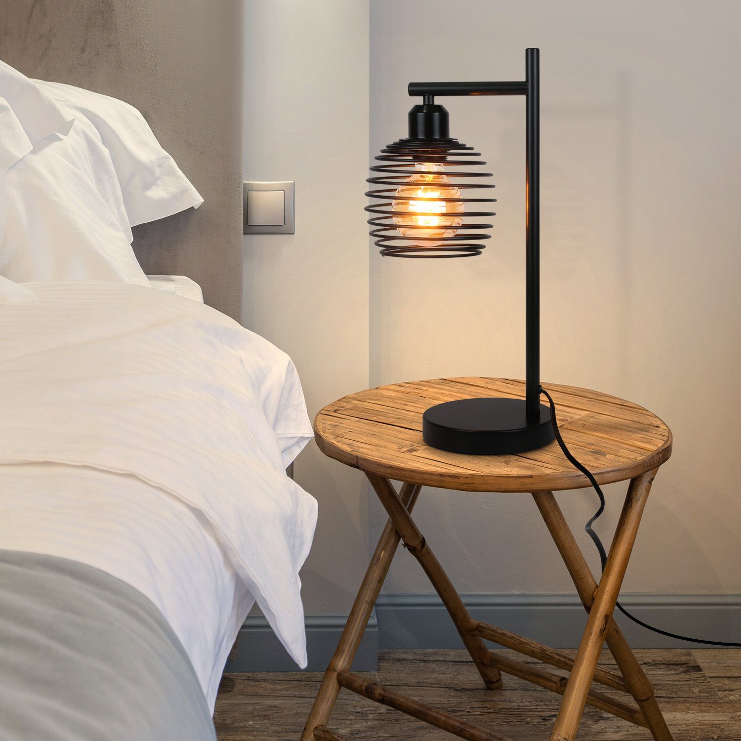 ZMH Tischleuchte Vintage Holz Metall, E27, 1-flammig, ohne Leuchtmittel, Industrial-Lampe mit Kabelschalter – Bild 2 von 5