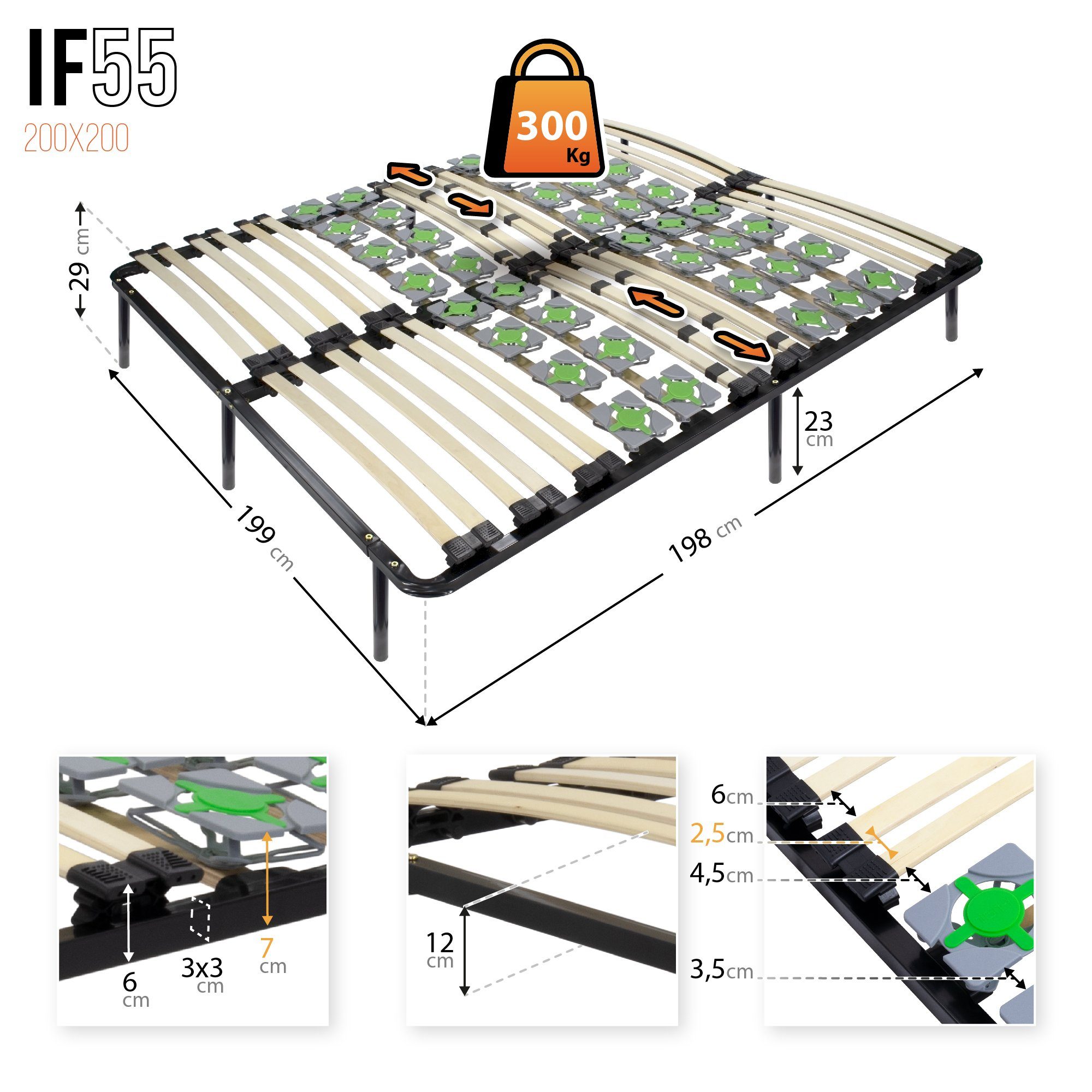 Teiltellerlattenrost IF55MF - 200x200 cm, i-flair, Kopfteil nicht verstellbar, Fußteil nicht verstellbar, Für alle Matratzen geeignet,stabile Füsse