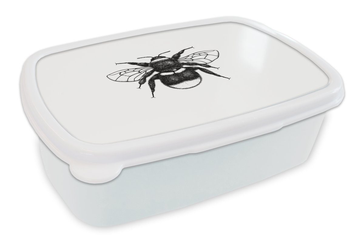 MuchoWow Lunchbox Hummel - Botanisch - Retro - Insekten, Kunststoff, (2-tlg), Brotbox für Kinder und Erwachsene, Brotdose, für Jungs und Mädchen weiß