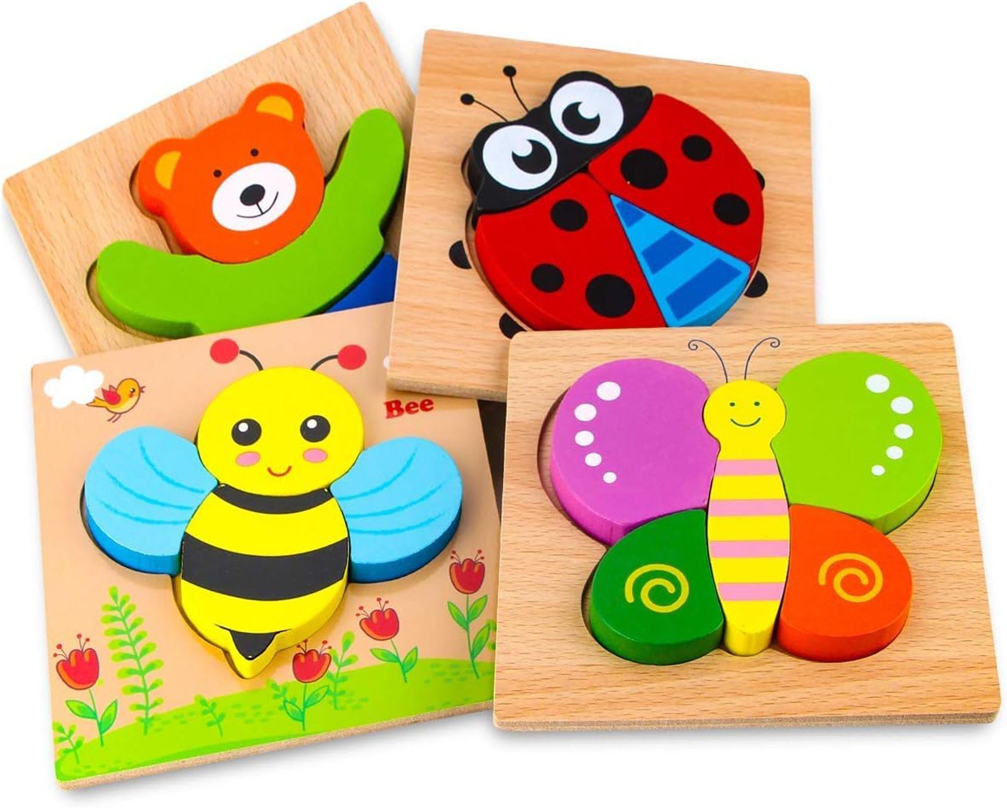 DTC GmbH Lernspielzeug Montessori-Holzspielzeug für Babys (Ein vierteiliges Set mit einem Bären, einem Marienkäfer, einer Biene und einem Schmetterling., 4-St), Holzpuzzle-Lernspielzeug