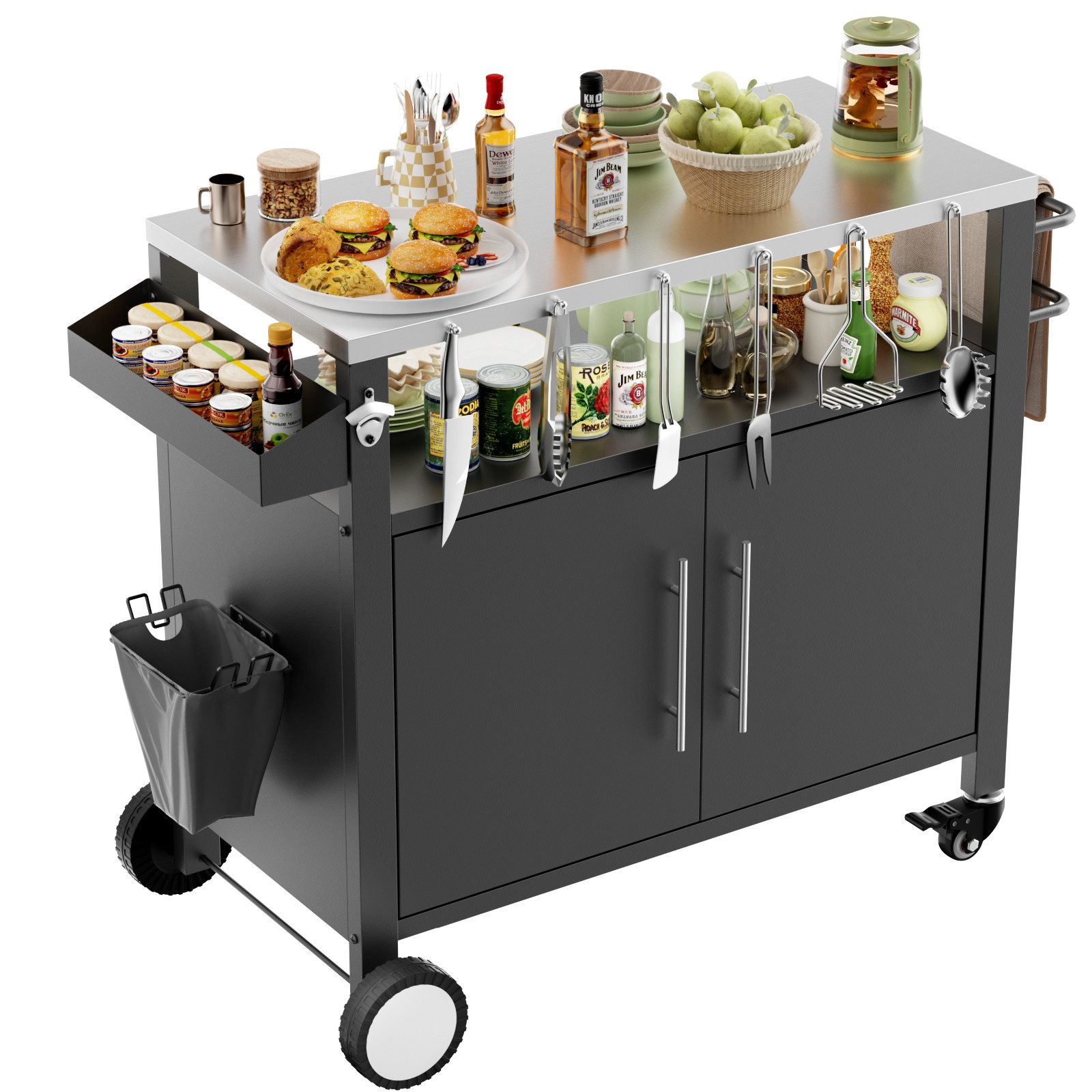 ibettertec Grillablagetisch Grillablagetisch, Edelstahl Servierwagen 3-Etagen (96,3 x 46 x 90,4 cm Grillwagen Küchenwagen), Küchentrolley mit Schrank Rollen Haken, BBQ Beistellwagen Küchenwagen