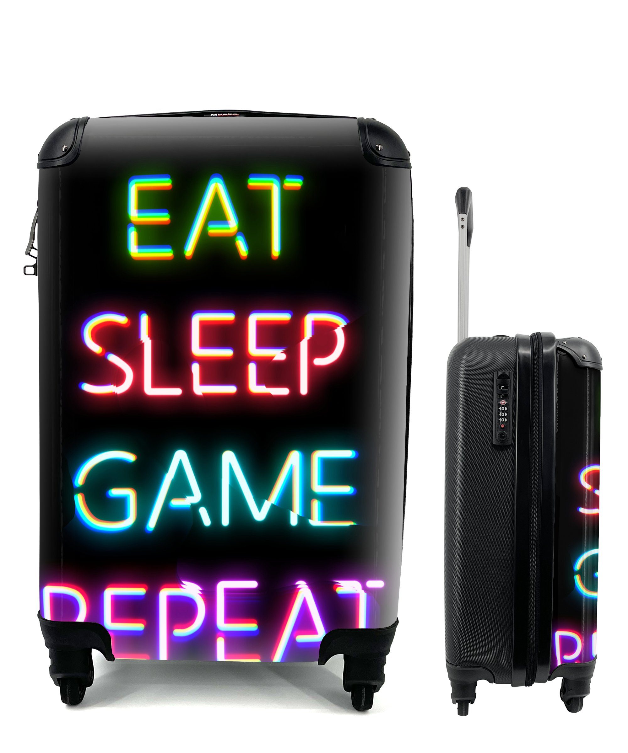 MuchoWow Handgepäckkoffer Gaming - Led - Zitat - Eat sleep game repeat - Gaming, 4 Rollen, Reisetasche mit rollen, Handgepäck für Ferien, Trolley, Reisekoffer