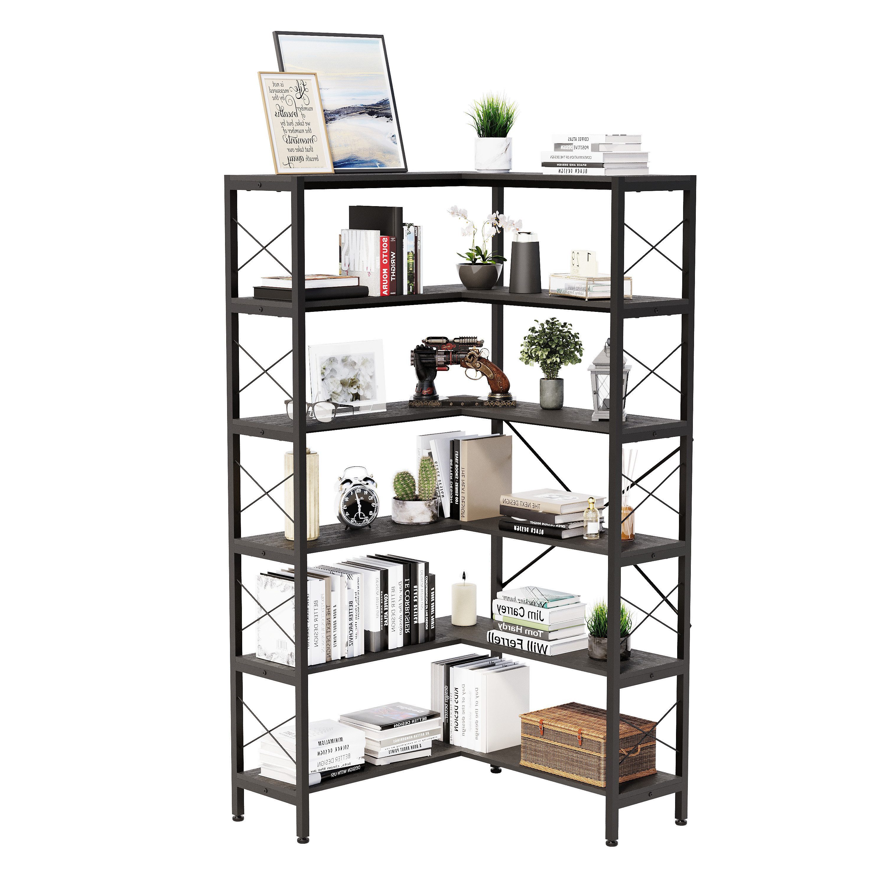 Wildhome Bücherregal Eck-Bücherregal 6 Etagen, Industrie Design Eckregal, 180cm hoch, 1-tlg., Metall Holz Etagere mit offener Lagerung, Standregal