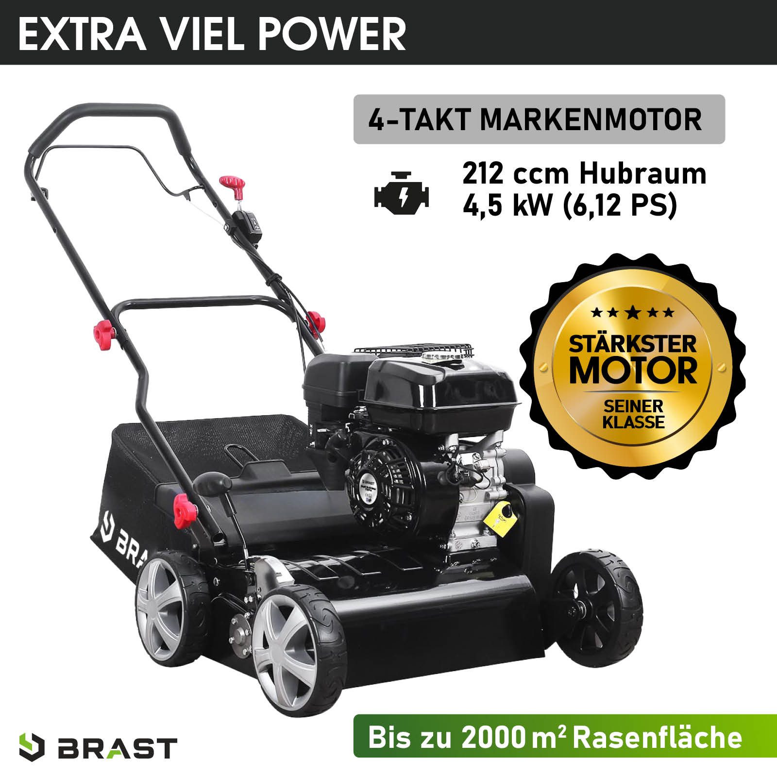 BRAST Benzin-Vertikutierer / Lüfter Benzin-Vertikutierer 4,5kW (6,12PS), 4-Takt Motor 212ccm, 40,00 cm Arbeitsbreite, TÜV geprüft, 50L Fangkorb