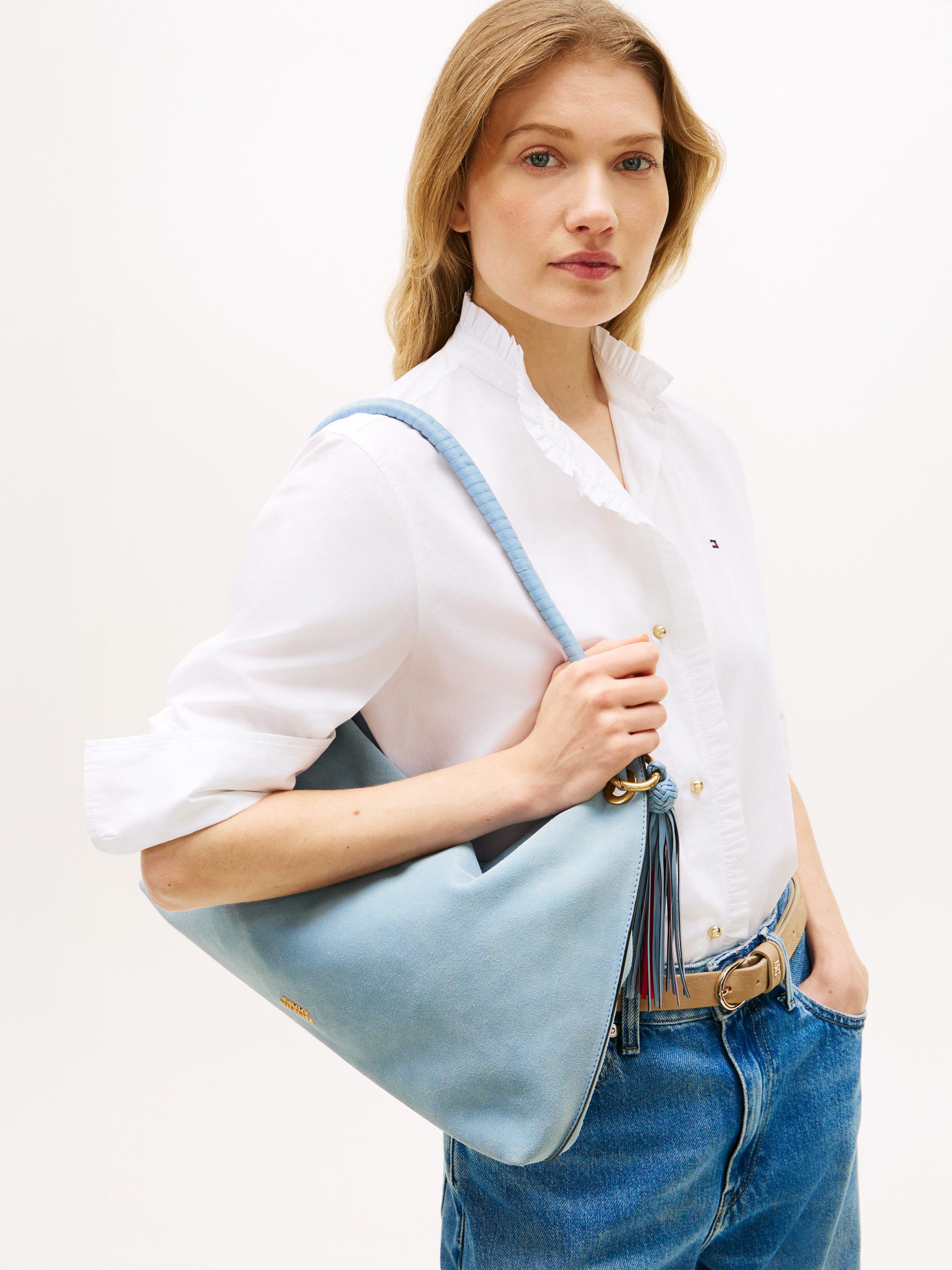 Tommy Hilfiger Schultertasche TH STATEMENT LEATHER BAG SUEDE, Damen Tragetasche, Handtasche mit modischen Quasten