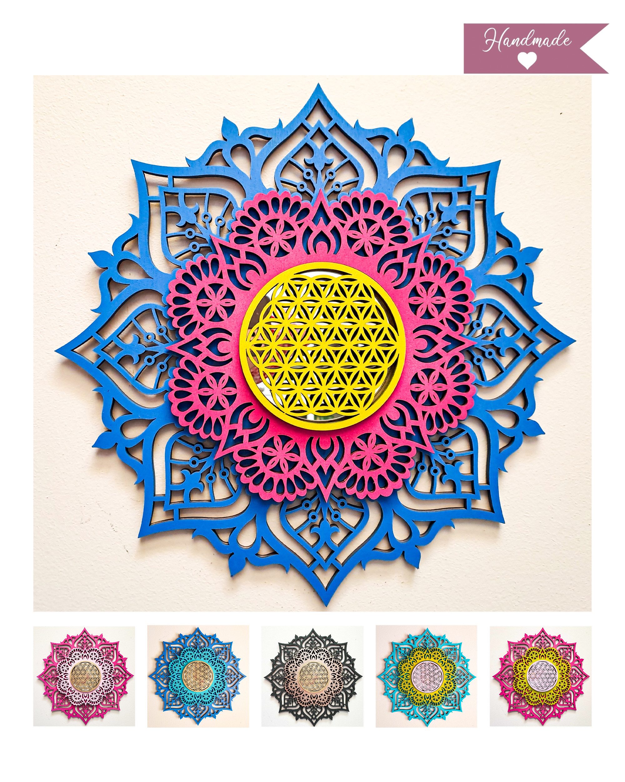 ORNAMENTI Wanddekoobjekt 3D MANDALA, Grosse moderne boho Wanddeko, Holz, 3 Schichten, Spiegel (moderne Deko Anhanger, Yoga Wandsculptur, Holzbild, stilvolle Wanddekoration, Wandpaneel, Ornament, geschnitz Wandrelief), Verzierung fur Zuhause, Wohnzimmer, Schlafzimmer, Wandkunst, 5 Größen