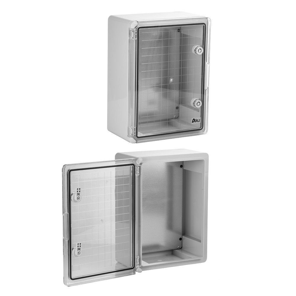 ARLI Schaltschrank Sichttür Industriegehäuse verzinkter Montageplatte Steckdosenverteiler (Montageplatte, Verriegelungsschlüssel, Befestigungsmaterial, Sichttür, Transparent Tür, IP65), 300 x 400 x 165 mm / schlagfest / halogenfrei