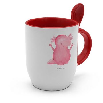 Mr. & Mrs. Panda Tasse Axolotl Hurra, Tasse mit Spruch, Tasse mit Löffel, Kaffeebecher, Keramik, Charmanter Keramik-Löffel