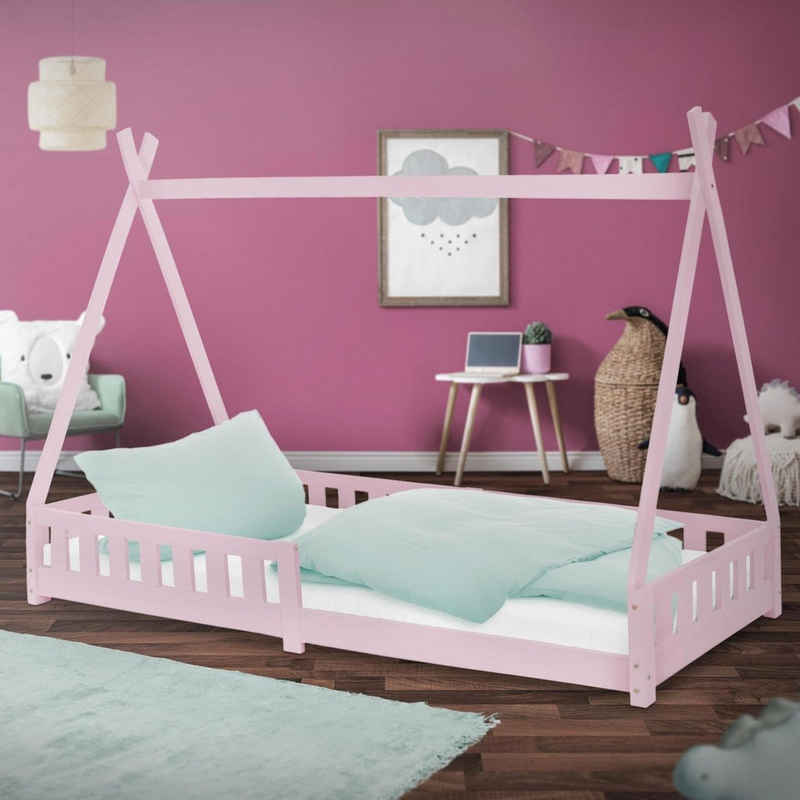 ML-DESIGN Kinderbett Hausbett mit Rausfallschutz und Lattenrost Massivholz, Bett 90x200 Rosa aus Kiefernholz Spielbett Zelt mit Zaun