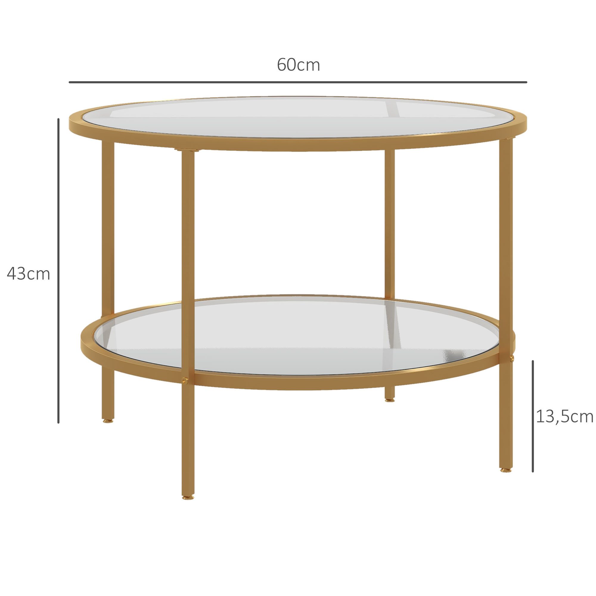 HOMCOM Beistelltisch mit Stauraum, aus gehärtetem Glas mit Stahlrahmen (Couchtisch, 1-St., Nachttisch), für Wohntimmer, Gold