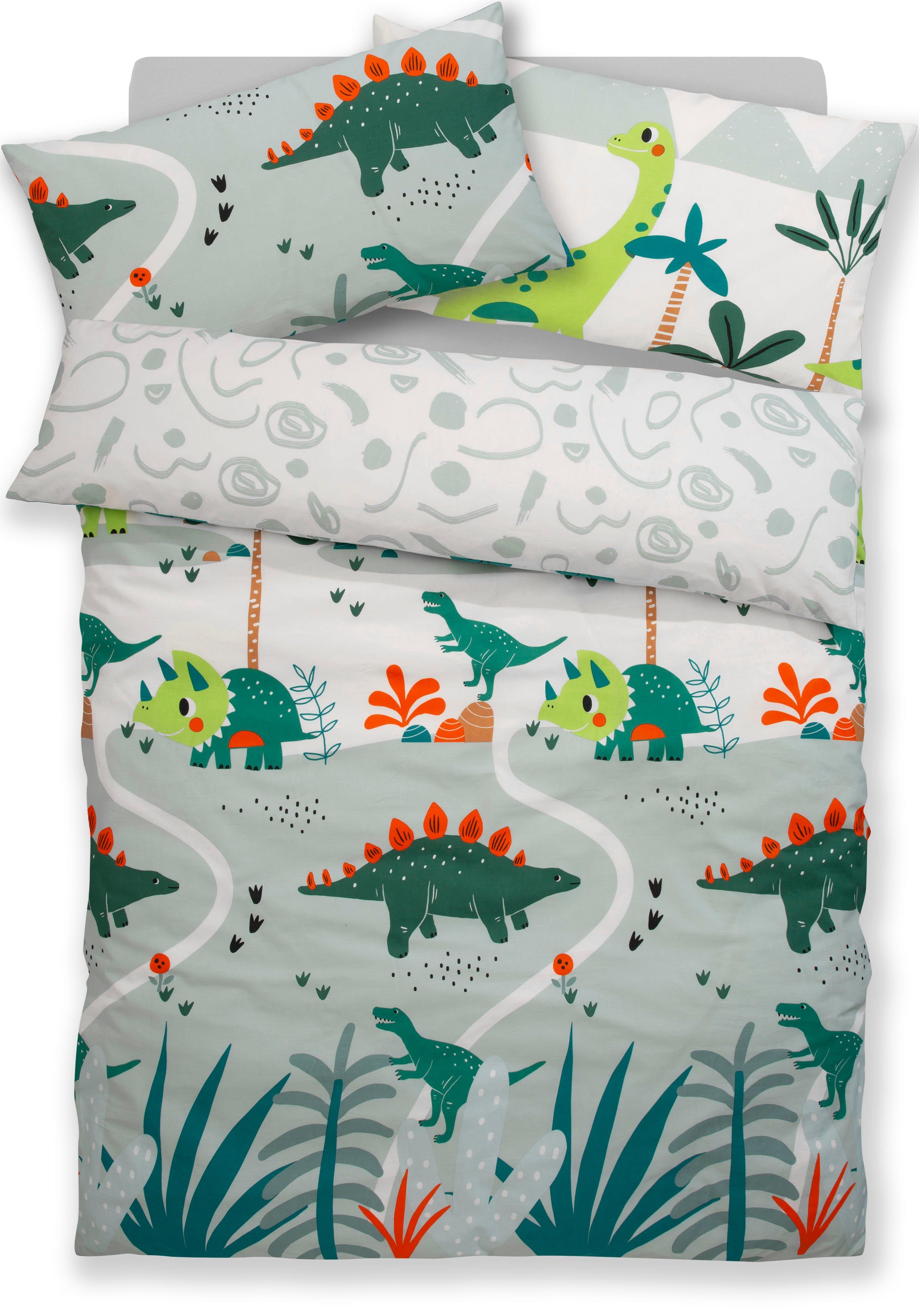 Renforcé, vielen teilig, Lüttenhütt, Cuddlee, in Designs 2 grün Dino,Einhorn,Weltraum,Baustelle Kinderbettwäsche verfügbar: