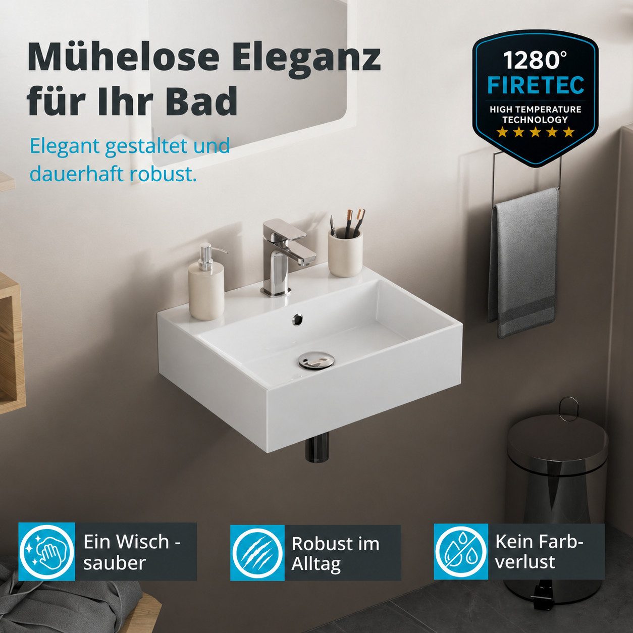 Aqua Bagno Waschbecken Keramik Waschbecken Waschtisch Aufsatz- Möbel- Wandmontage 60cm weiß (Einzelwaschbecken), 50 cm breit, mit Hahnloch und Überlauf, für Aufsatz-, Möbel- und Wand