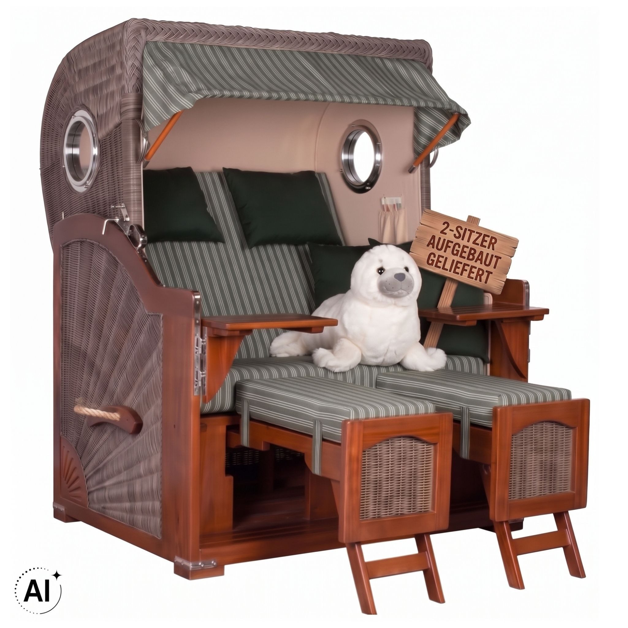 MR.DEKO Strandkorb 2-Sitzer Düne Bullauge Vollholz PE-Geflecht grau 125x170x80, BxTxH: 125x80x170 cm, 2-Sitzer Strandkorb, Strandkorb Düne Bullauge, (Fertig montierter Strandkorb für Garten, Terrasse & Balkon), Wetterfester Volllieger mit Edelstahlbeschlägen & waschbaren Polstern