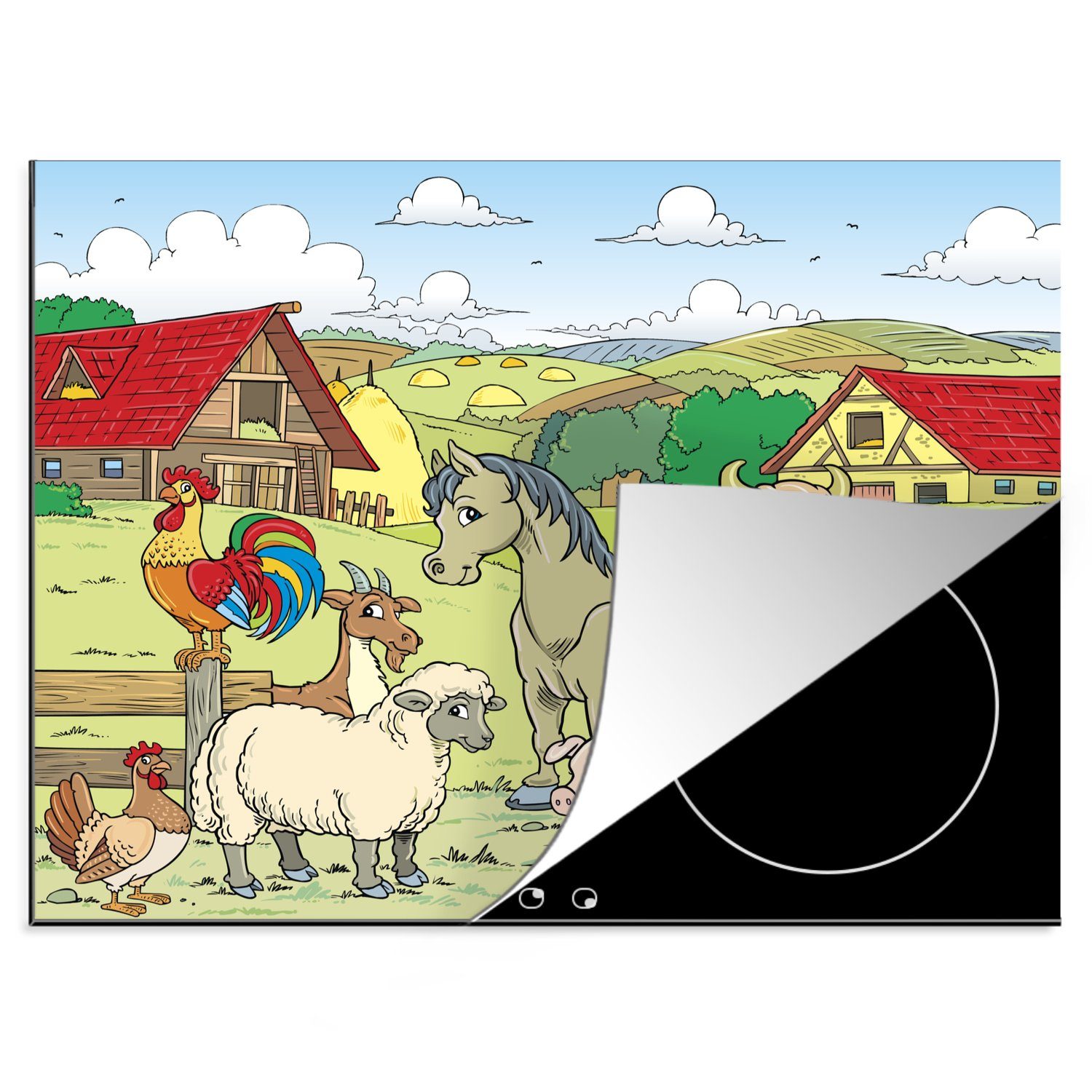 für MuchoWow Bauernhoftieren Arbeitsfläche cm, (1 Herdblende-/Abdeckplatte tlg), Illustration Ceranfeldabdeckung nutzbar, Vinyl, 60x52 Mobile Kinder, von