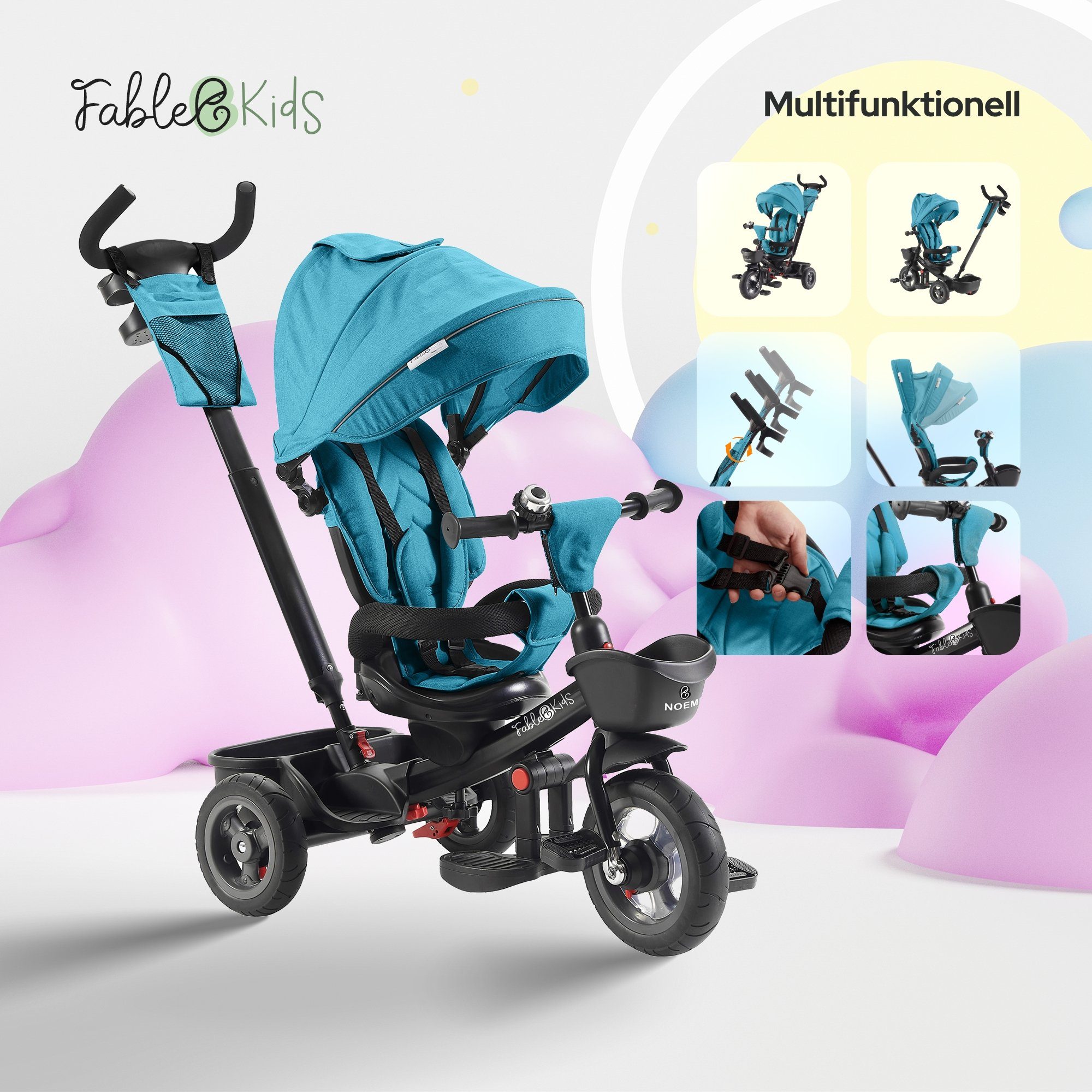 FableKids Dreirad 5in1 Kinderdreirad Kinder Fahrrad Baby Kinderwagen NOEMI, Höhenverstellbare und abnehmbare Schubstange