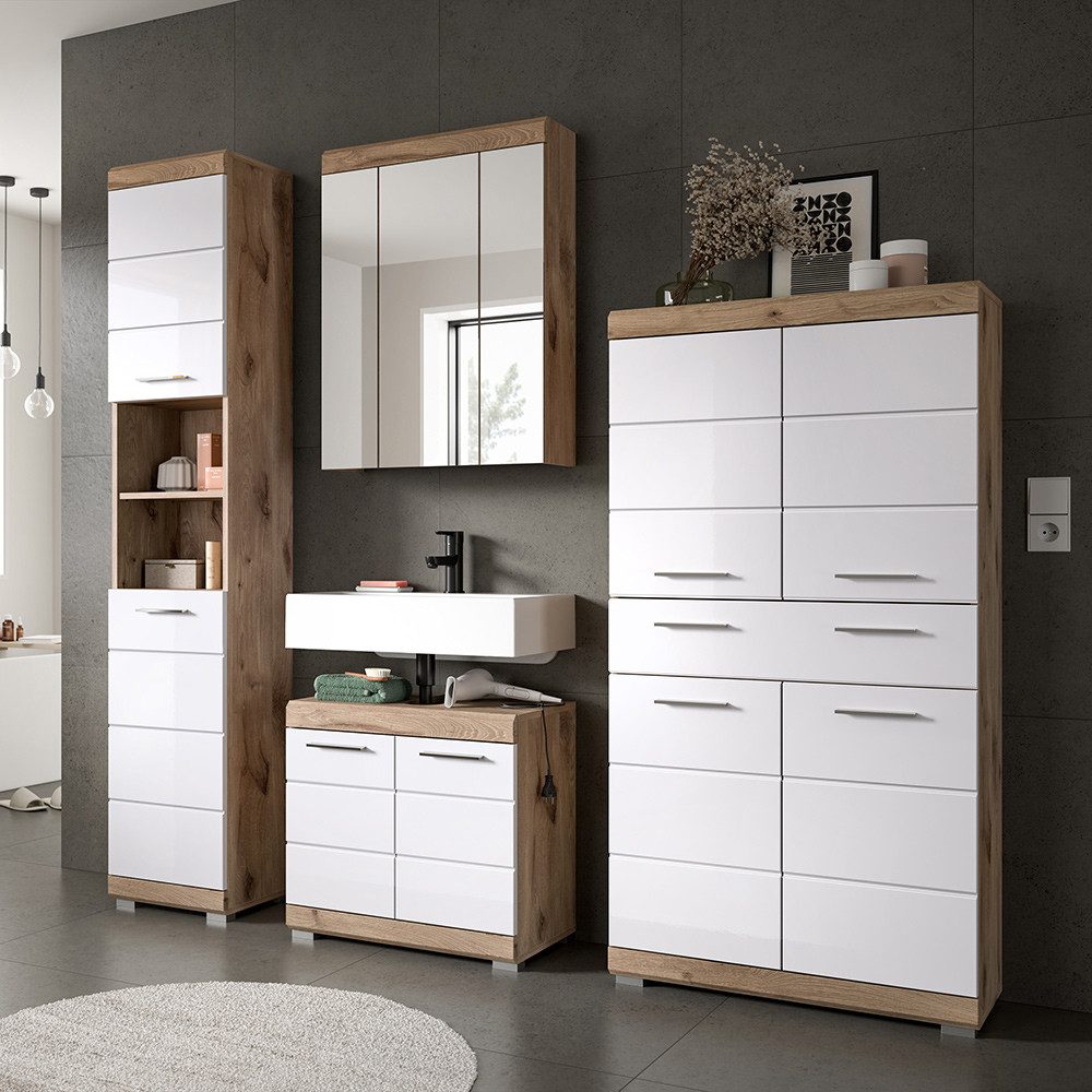 Lomadox Badmöbel-Set SIROCO-158, (Spar-Set, 4-St., Hochschrank Spiegelschrank Waschbeckenunterschrank Midischrank), in Eiche dunkel mit weiß Hochglanz