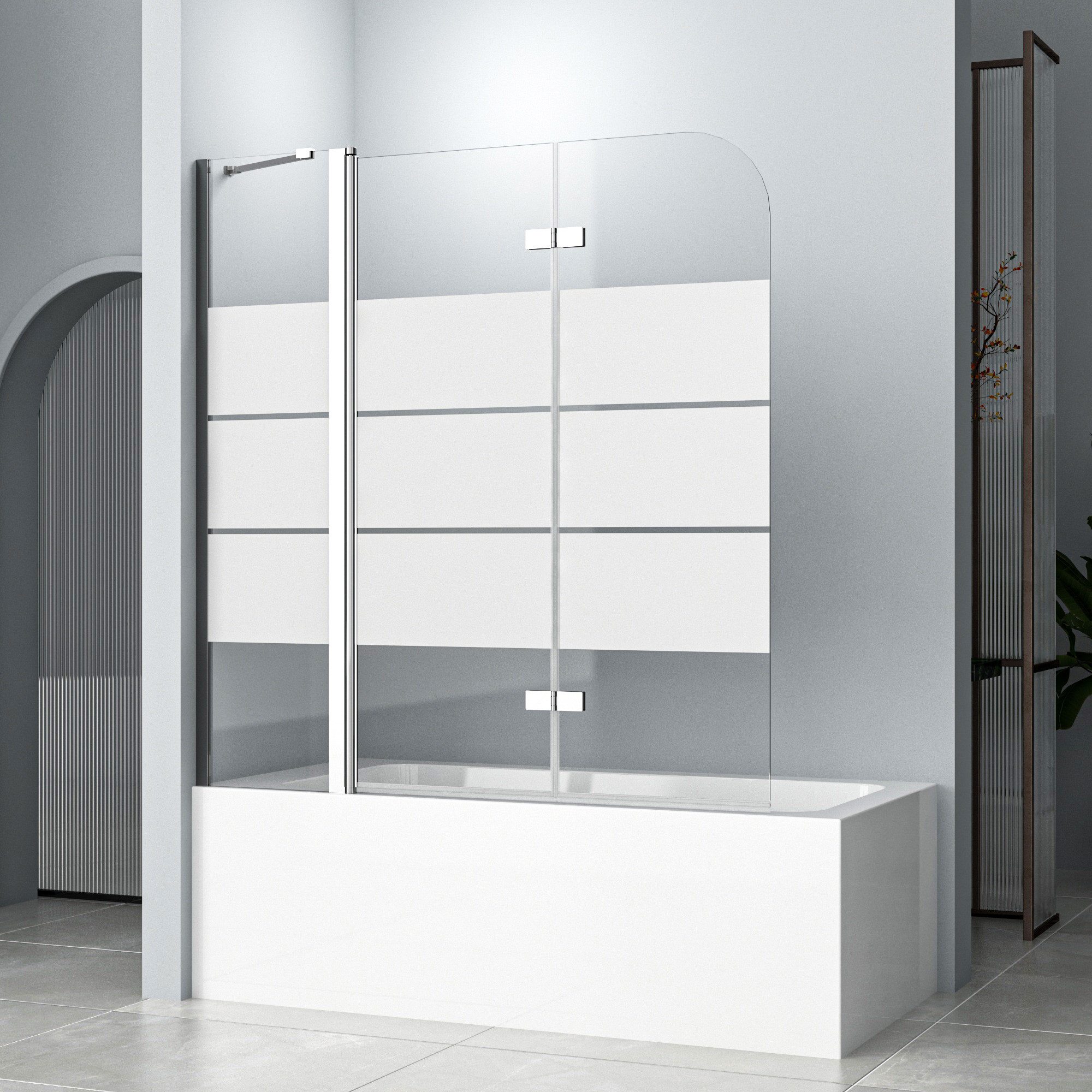 Hopibath Badewannenfaltwand 3 teilig Badewannenaufsatz Milchglas Duschwand Badewanne faltbar, 6mm Sicherheitsglas, (Badewannenaufsatz Gestreift, 160x140, 150x140, 140x140cm), mit Haltestange, Links- oder Rechtsmontage